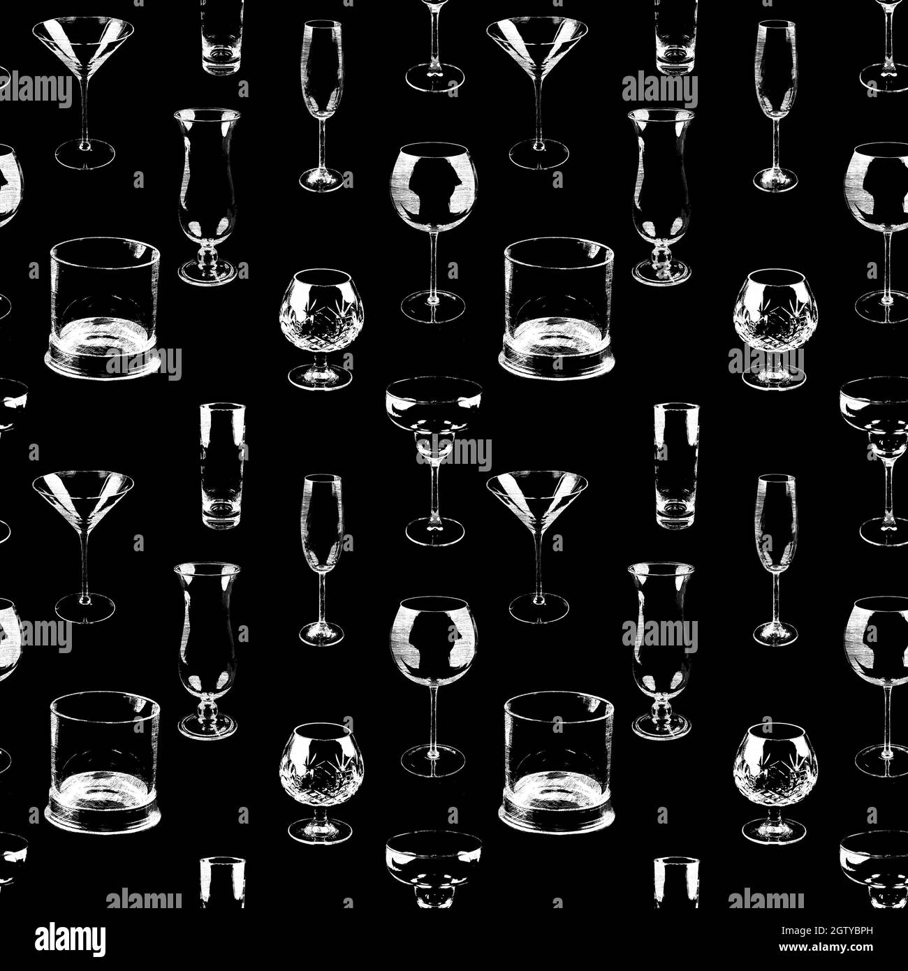Assortiment de verres à liqueur esquissés dans la craie avec un motif sans couture en blanc sur noir. Banque D'Images