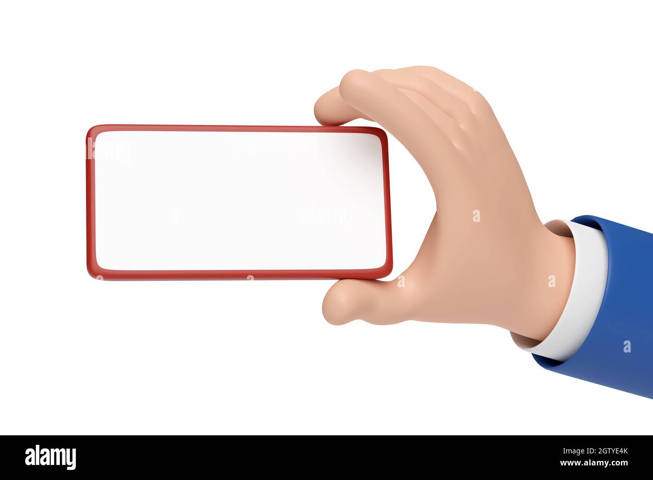 Main de dessin animé tenant le téléphone mobile en position horizontale avec écran vierge isolé sur fond blanc. illustration 3d. Banque D'Images