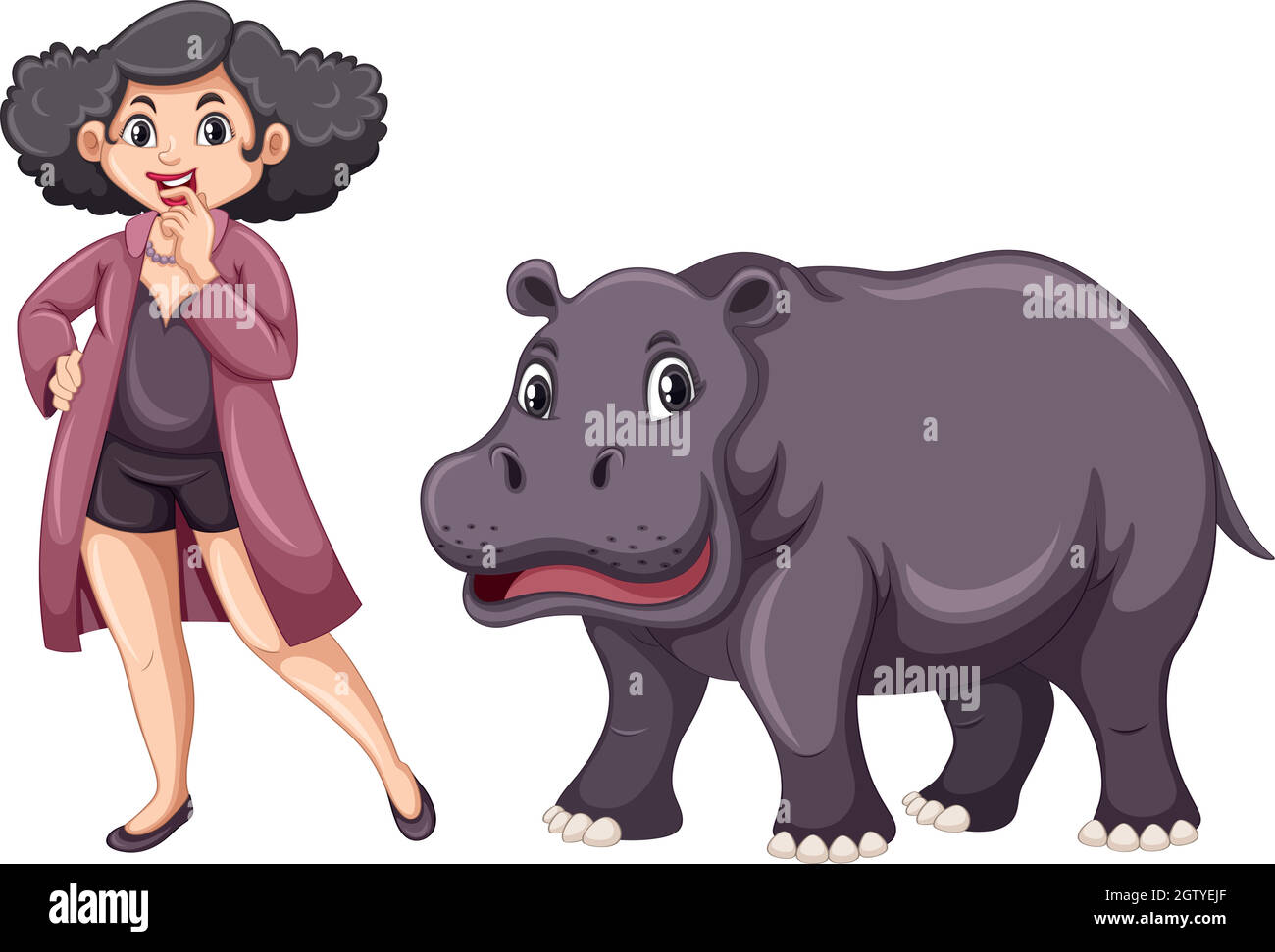 Femme et mignon hippopotame sur fond blanc Illustration de Vecteur