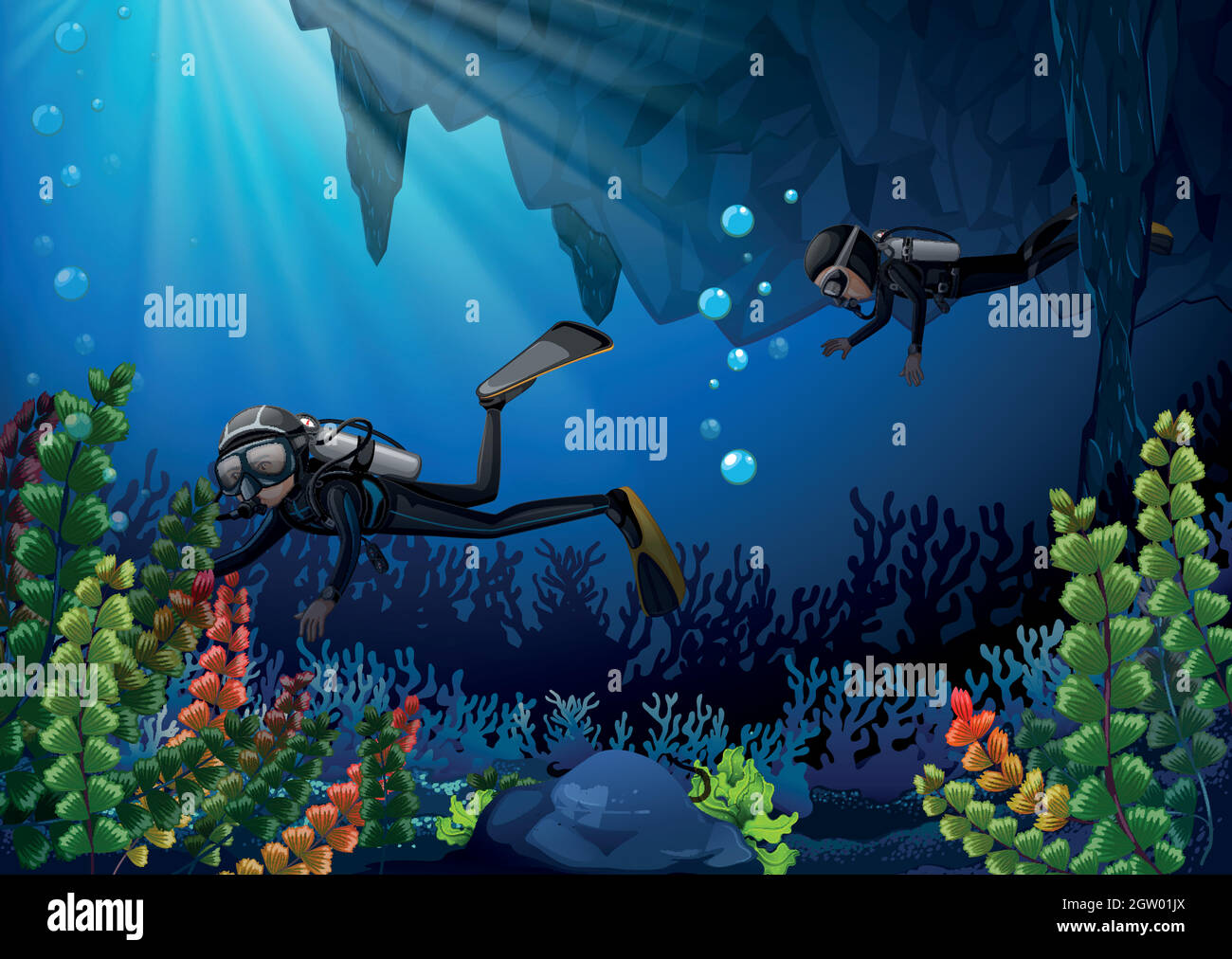 Deux plongeurs sous l'eau Illustration de Vecteur