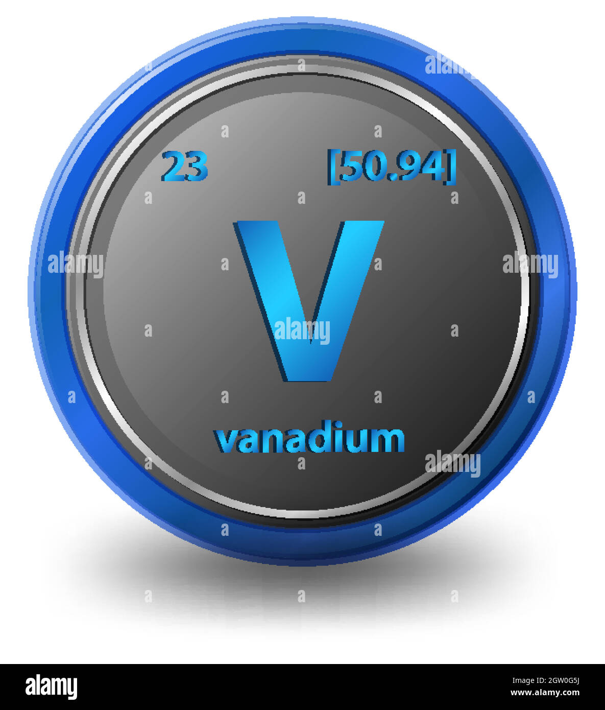 Élément chimique en vanadium. Symbole chimique avec numéro atomique et masse atomique. Illustration de Vecteur