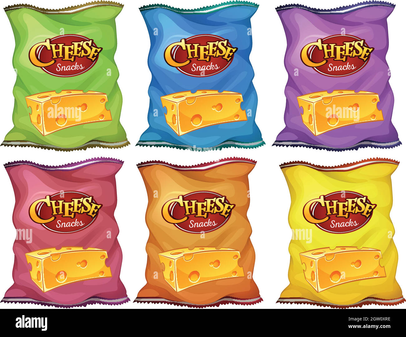 En-cas au fromage dans six sacs de couleur Illustration de Vecteur