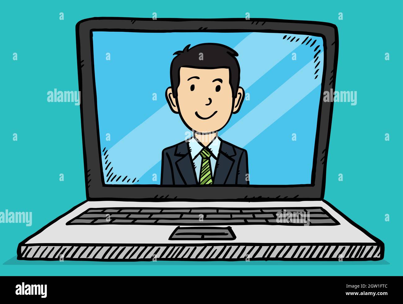 Conversation vidéo avec un homme d'affaires sur l'écran d'un ordinateur portable. Vecteur de style dessin animé, illustration colorée d'un ordinateur portable. Illustration de Vecteur