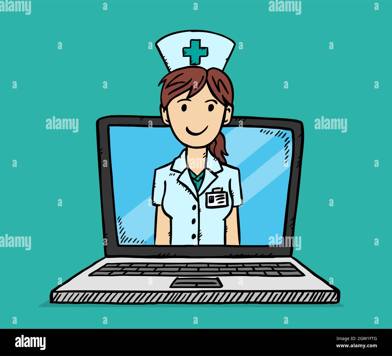 Vecteur de style caricature de consultation médicale en ligne. Dessin style coloré Doodle illustration de femme souriante infirmière sur l'écran d'ordinateur portable. Illustration de Vecteur