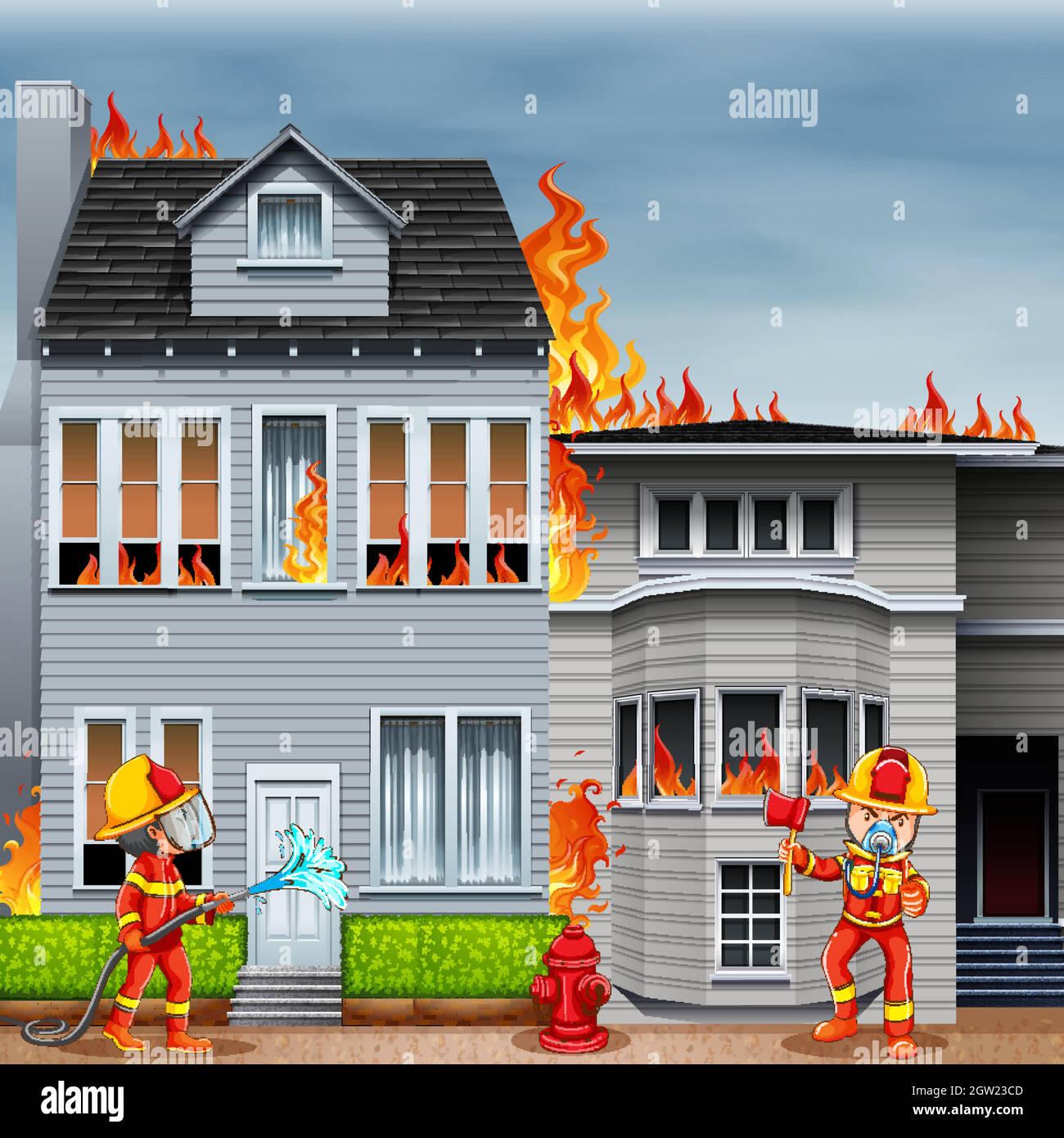 Pompiers sur la scène du feu de maison Illustration de Vecteur