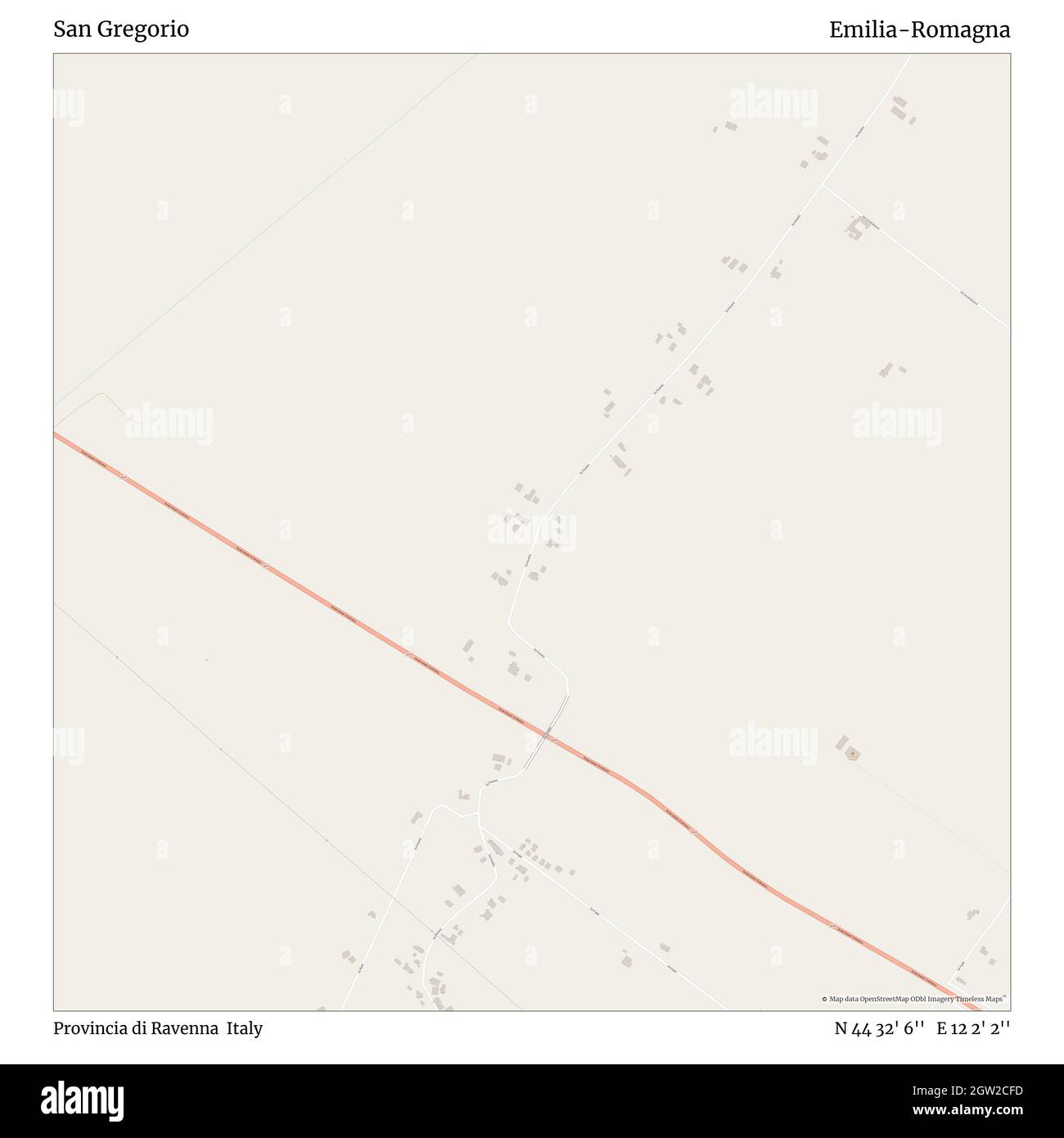 San Gregorio, Provincia di Ravenna, Italie, Émilie-Romagne, N 44 32' 6'', E 12 2' 2'', carte, carte intemporelle publiée en 2021.Les voyageurs, les explorateurs et les aventuriers comme Florence Nightingale, David Livingstone, Ernest Shackleton, Lewis et Clark et Sherlock Holmes se sont appuyés sur des cartes pour planifier leurs voyages dans les coins les plus reculés du monde. Timeless Maps dresse la carte de la plupart des sites du monde, montrant ainsi la réalisation de grands rêves Banque D'Images