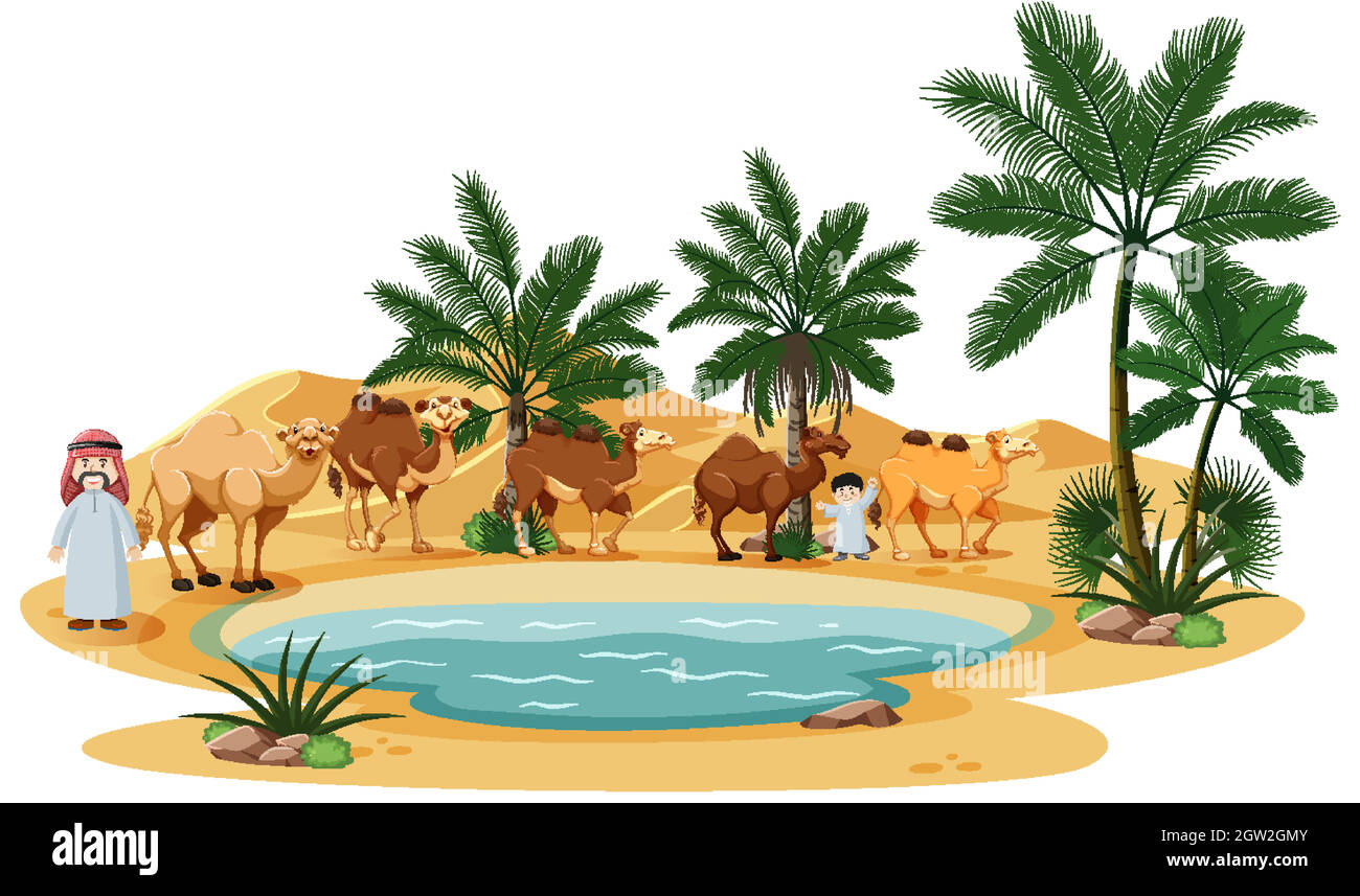 Oasis dans le désert avec chameau et éléments naturels sur fond blanc Illustration de Vecteur
