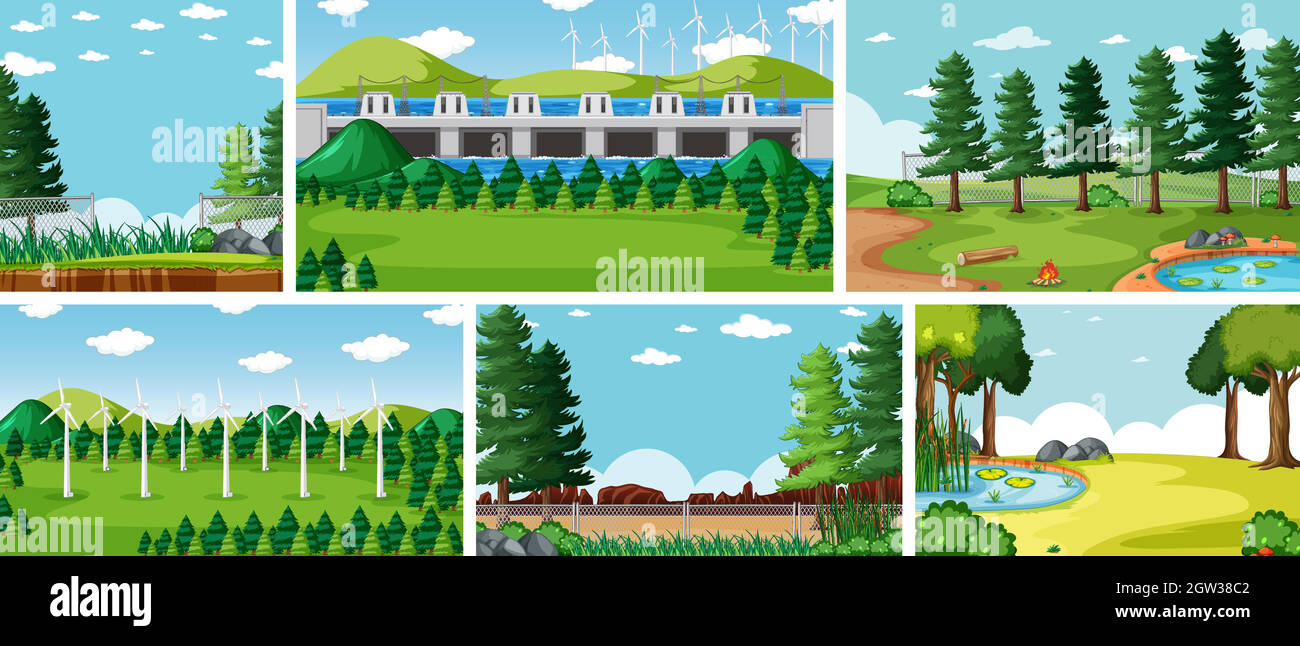 Six scènes de nature avec des emplacements différents Illustration de Vecteur