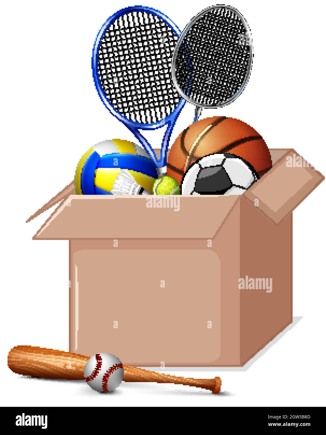 Boîte en carton pleine d'équipements de sport sur fond blanc Illustration de Vecteur