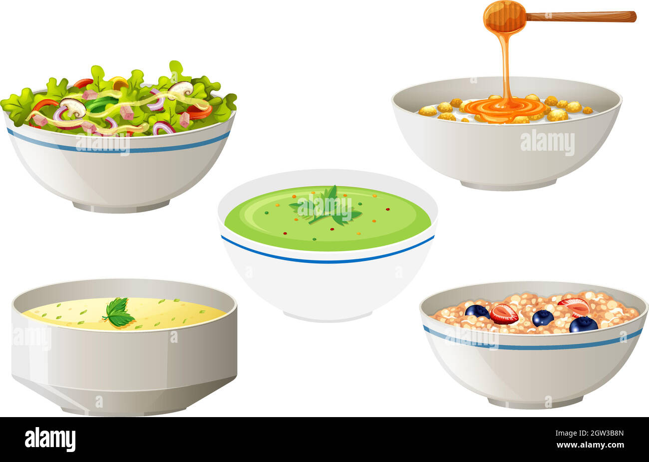 Salade et soupes dans des bols blancs Illustration de Vecteur