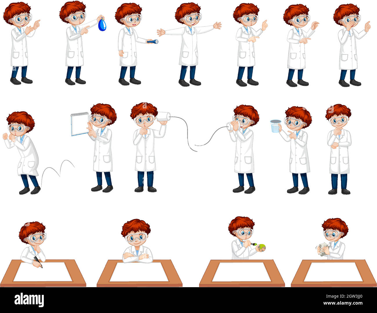 Ensemble d'un garçon scientifique dans différentes poses personnage de dessin animé Illustration de Vecteur