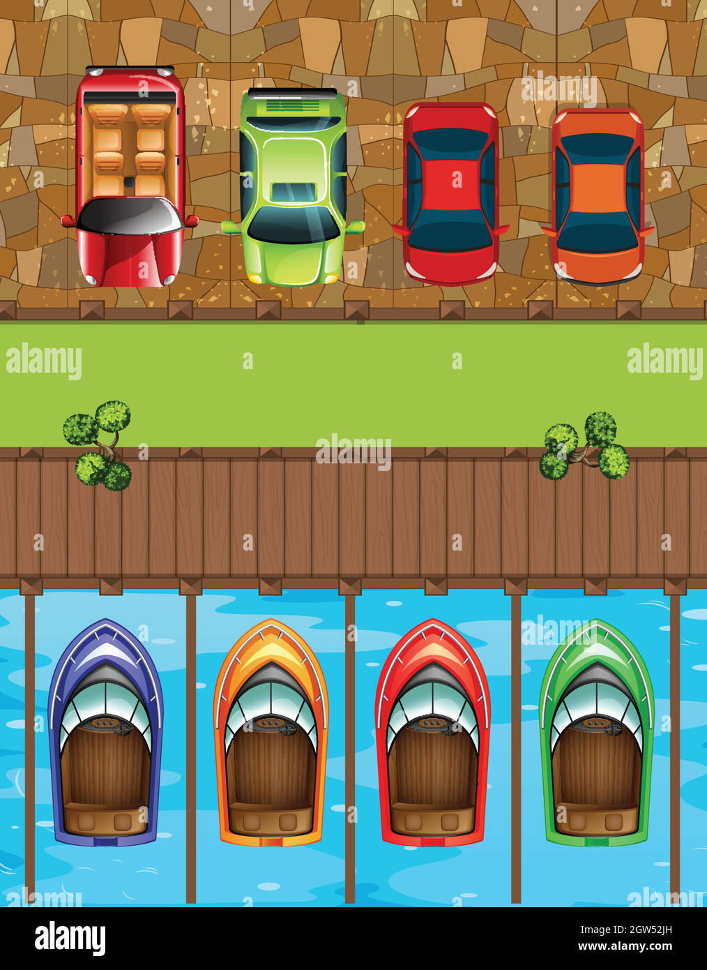 Vue de dessus du parking pour voitures et bateaux Illustration de Vecteur