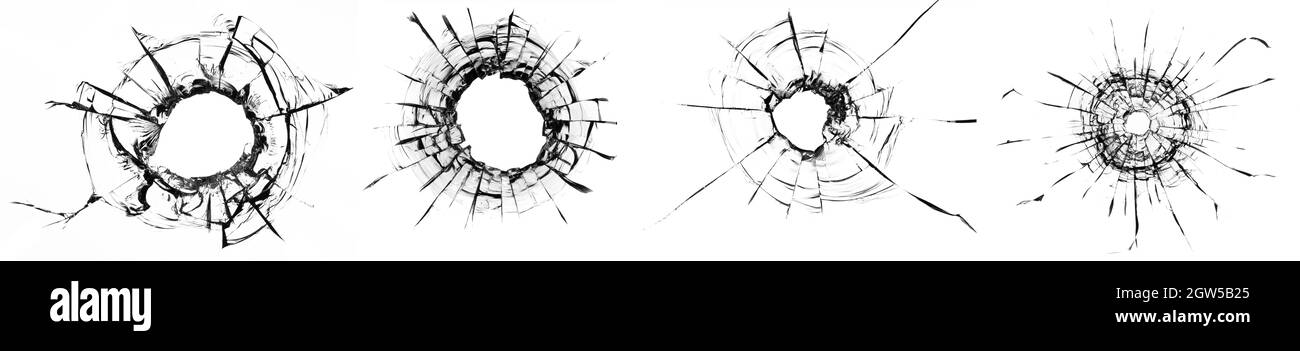 Collage de fissures dans le verre, un trou de balles dans le verre sur un fond blanc. Texture de verre de fenêtre. Banque D'Images
