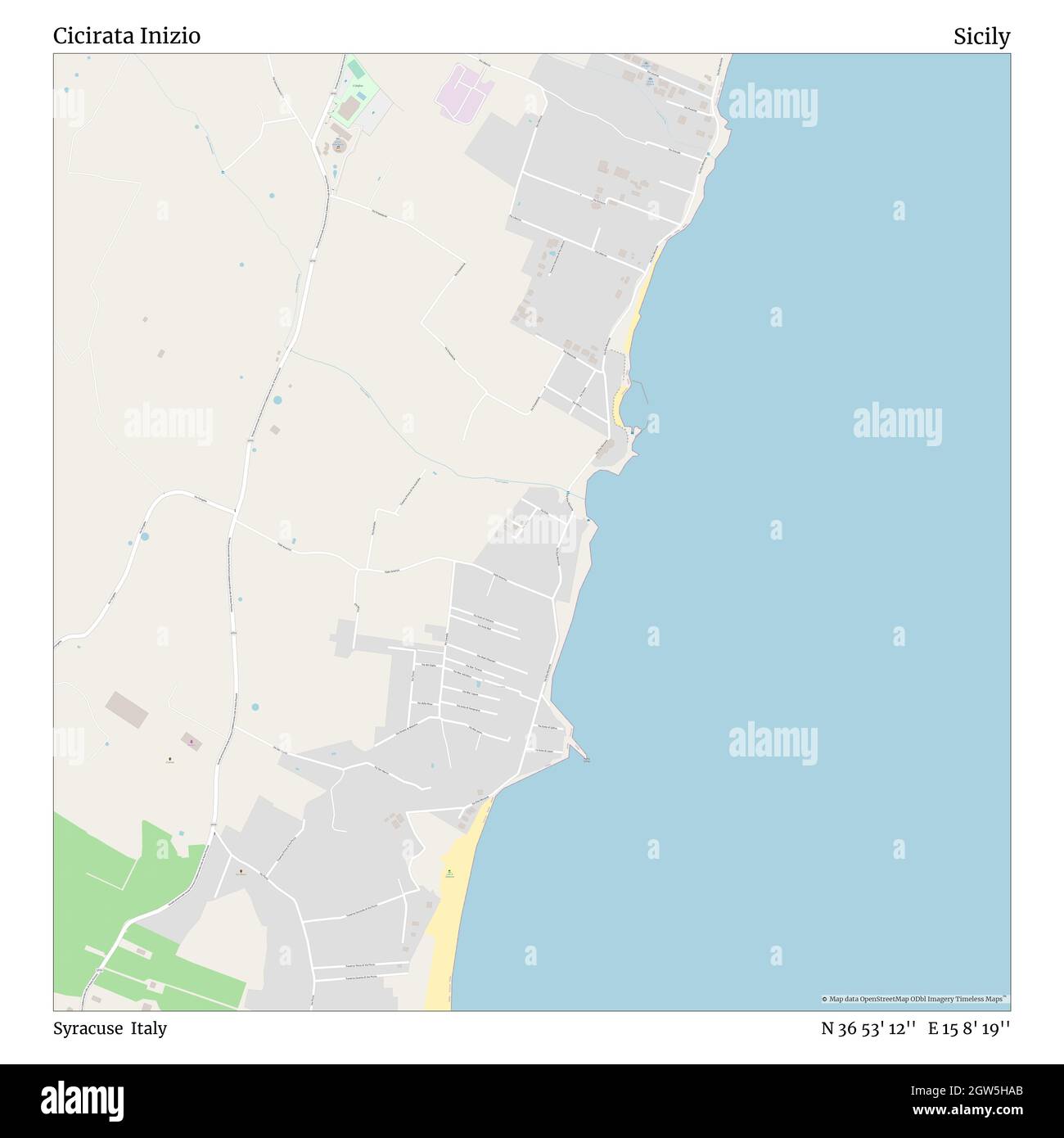 Cicirata Inizio, Syracuse, Italie, Sicile, N 36 53' 12'', E 15 8' 19'', carte, carte intemporelle publiée en 2021.Les voyageurs, les explorateurs et les aventuriers comme Florence Nightingale, David Livingstone, Ernest Shackleton, Lewis et Clark et Sherlock Holmes se sont appuyés sur des cartes pour planifier leurs voyages dans les coins les plus reculés du monde. Timeless Maps dresse la carte de la plupart des sites du monde, montrant ainsi la réalisation de grands rêves Banque D'Images