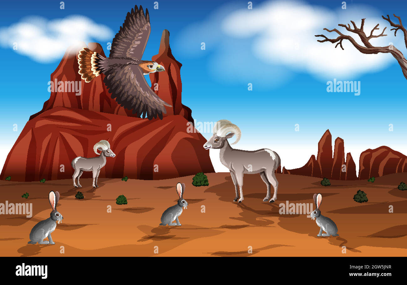 Désert avec montagnes rocheuses et paysage d'animaux du désert à l'heure de la journée Illustration de Vecteur