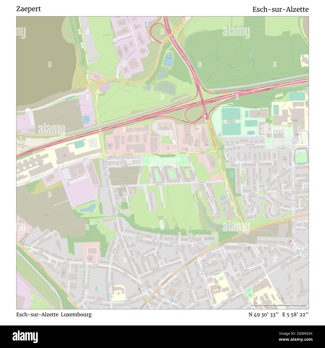 Zaepert, Esch-sur-Alzette, Luxembourg, Esch-sur-Alzette, N 49 30' 33'', E 5 58' 22'', carte, carte intemporelle publiée en 2021.Les voyageurs, les explorateurs et les aventuriers comme Florence Nightingale, David Livingstone, Ernest Shackleton, Lewis et Clark et Sherlock Holmes se sont appuyés sur des cartes pour planifier leurs voyages dans les coins les plus reculés du monde. Timeless Maps dresse la carte de la plupart des sites du monde, montrant ainsi la réalisation de grands rêves Banque D'Images