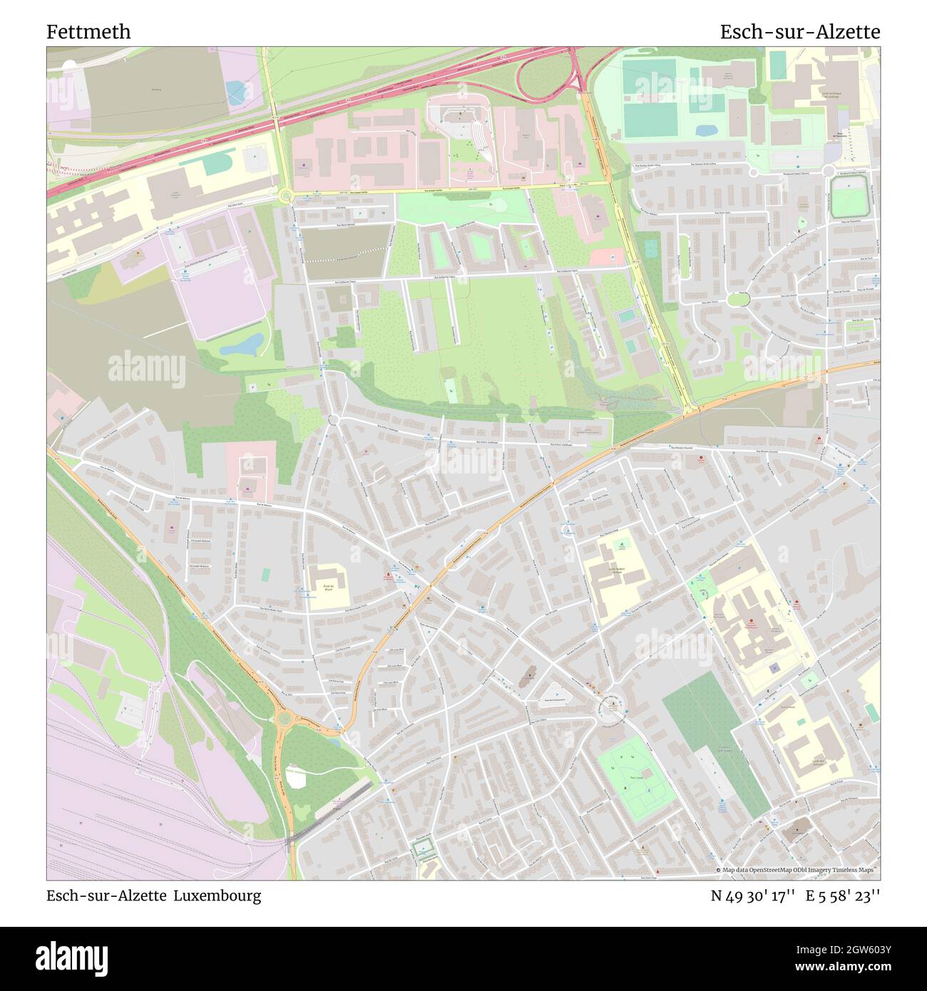 Fettmeth, Esch-sur-Alzette, Luxembourg, Esch-sur-Alzette, N 49 30' 17'', E 5 58' 23'', carte, carte intemporelle publiée en 2021.Les voyageurs, les explorateurs et les aventuriers comme Florence Nightingale, David Livingstone, Ernest Shackleton, Lewis et Clark et Sherlock Holmes se sont appuyés sur des cartes pour planifier leurs voyages dans les coins les plus reculés du monde. Timeless Maps dresse la carte de la plupart des sites du monde, montrant ainsi la réalisation de grands rêves Banque D'Images