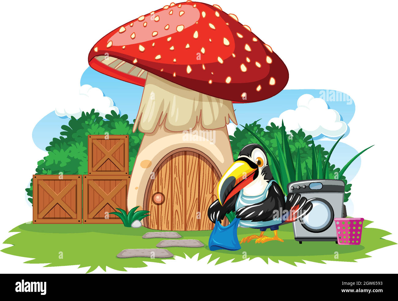 Maison aux champignons avec dessin animé oiseau mignon sur fond blanc Illustration de Vecteur