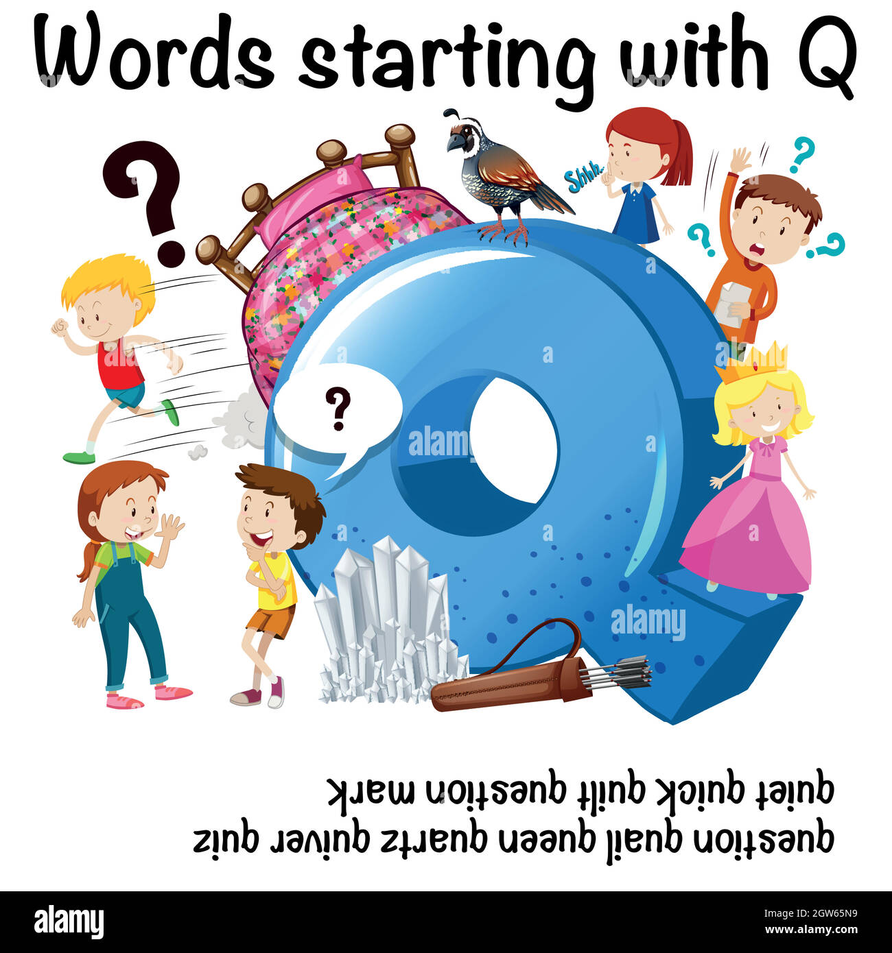 Affiche d'éducation pour les mots commençant par Q Illustration de Vecteur