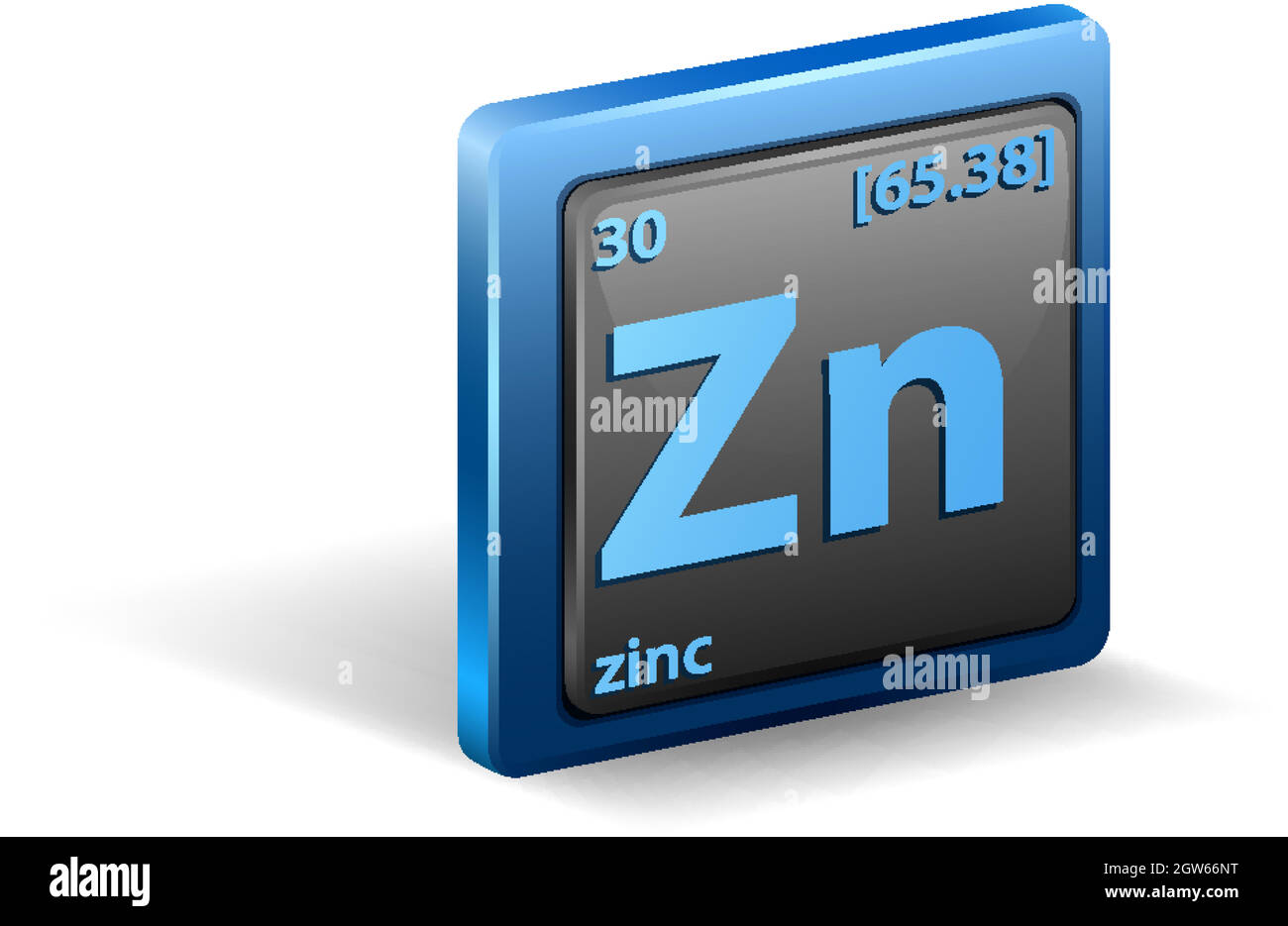 Élément chimique en zinc. Symbole chimique avec numéro atomique et masse atomique. Illustration de Vecteur