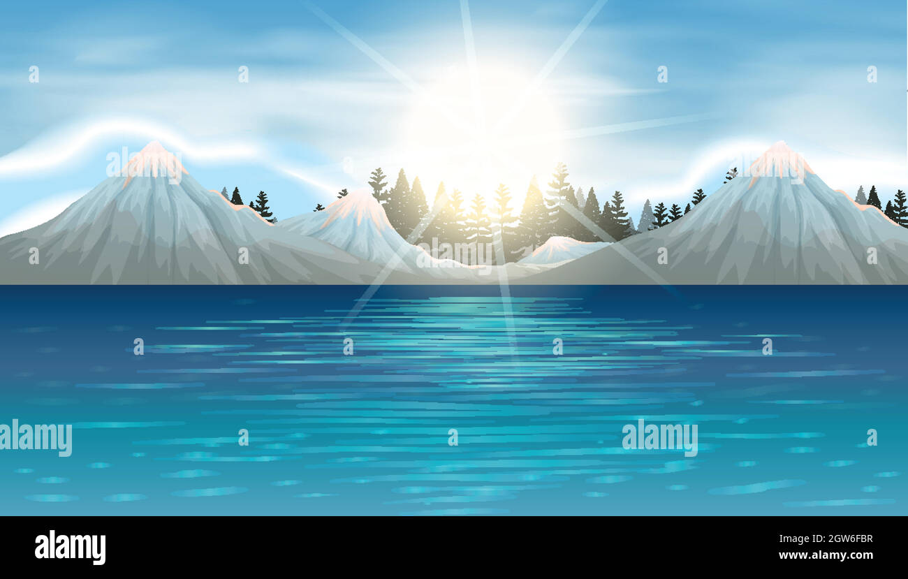 Scène de nature avec des montagnes enneigées et un lac Illustration de Vecteur