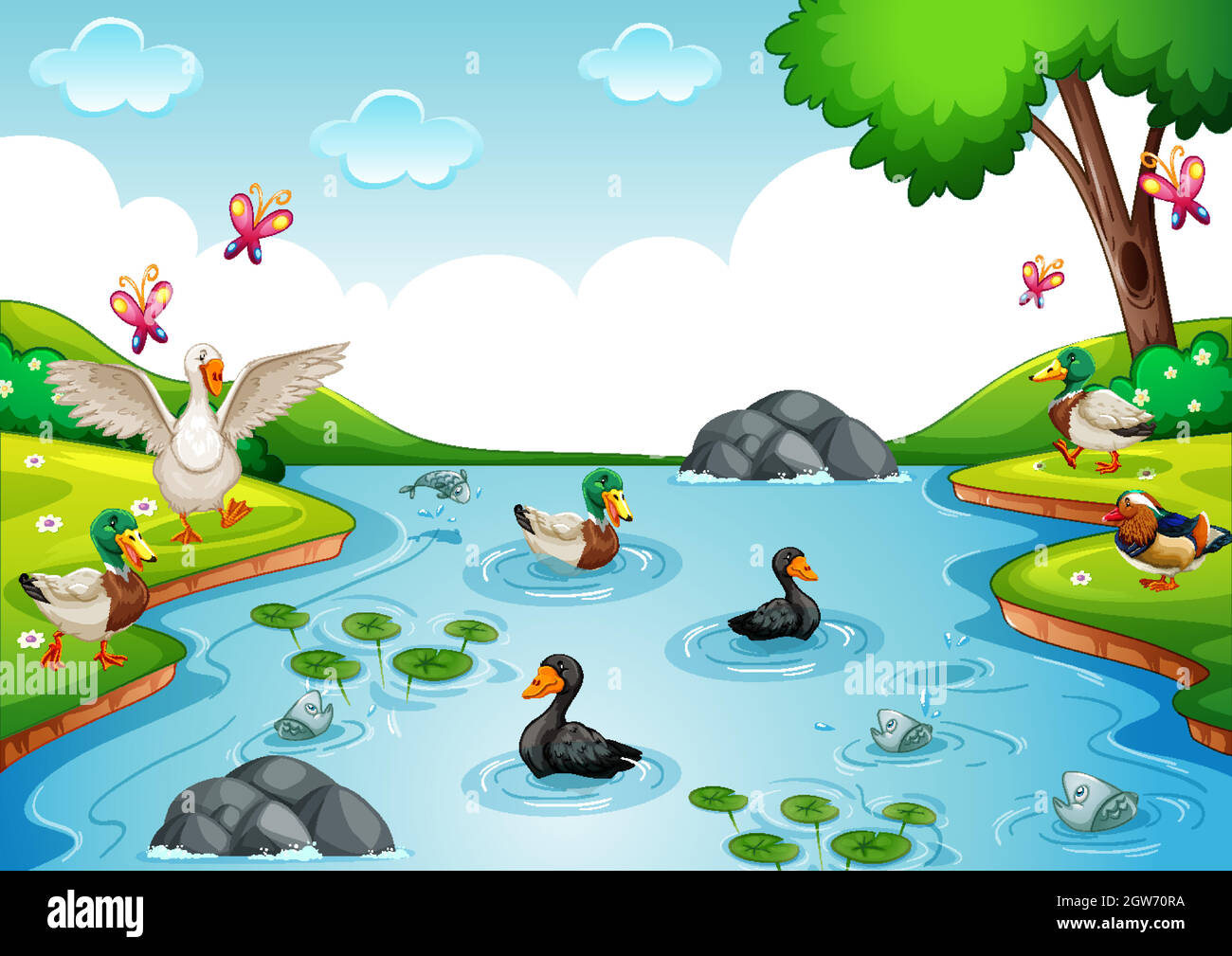 Groupe de volaille dans la rivière dans la scène de la nature Illustration de Vecteur