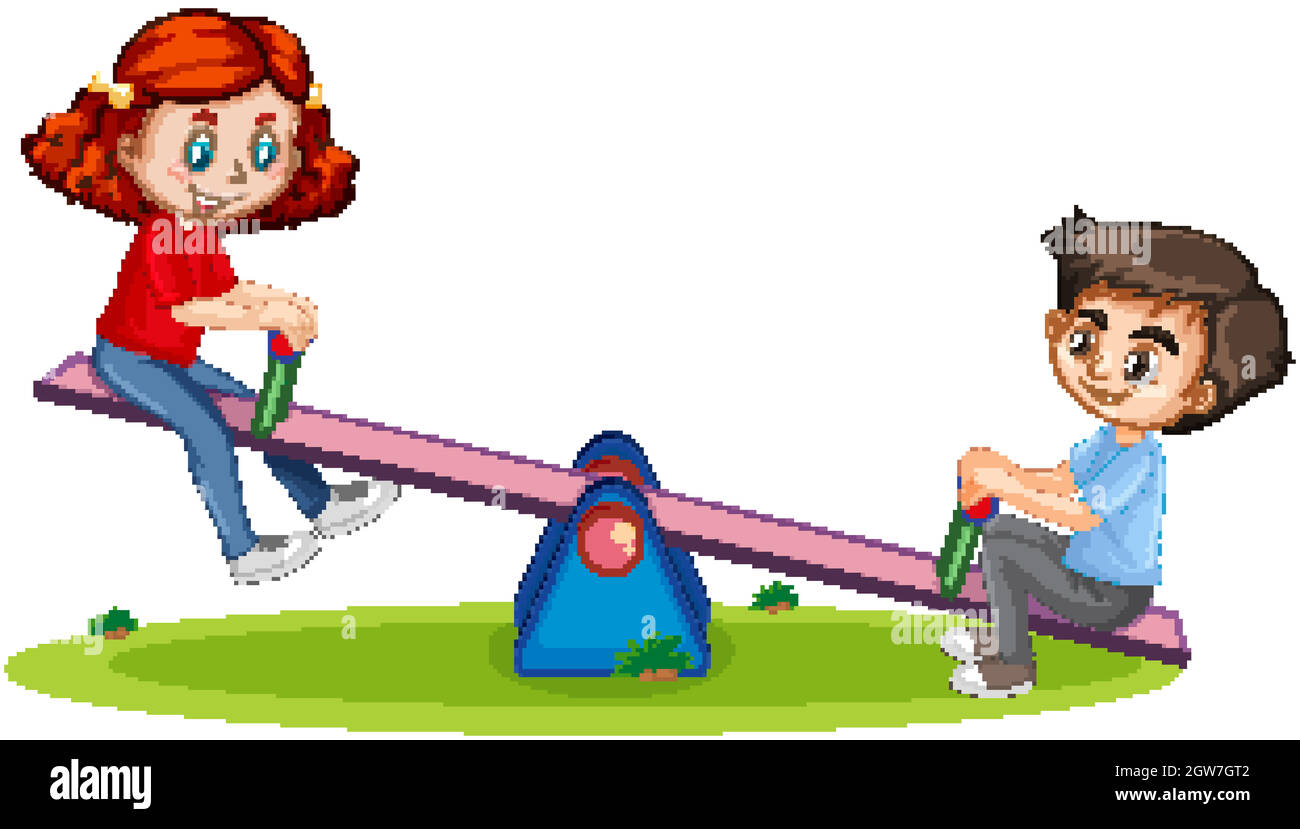 Personnage de dessin animé garçon et fille jouant seesaw sur fond blanc Illustration de Vecteur