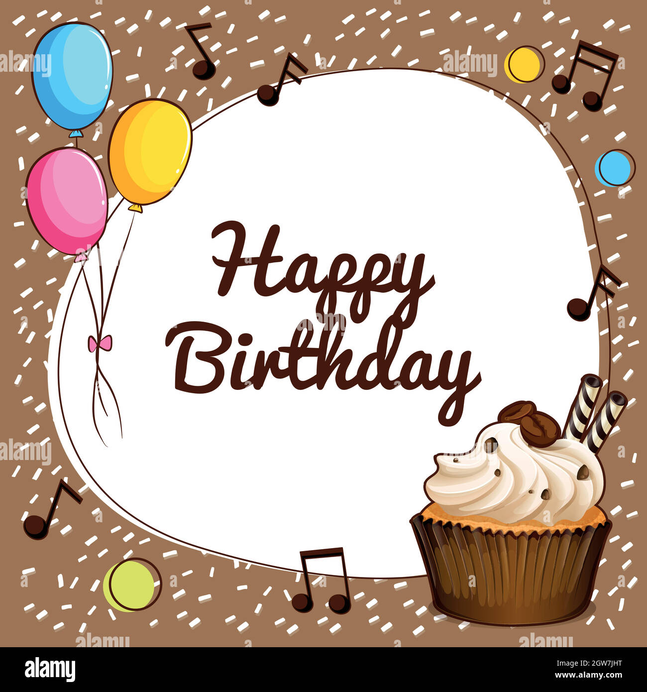 Joyeux thème anniversaire avec gâteau de tasse et ballons Illustration de Vecteur