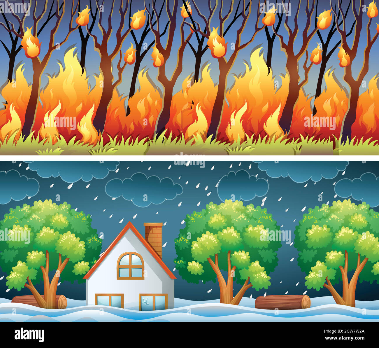 Scènes avec feu de forêt et tempête Illustration de Vecteur