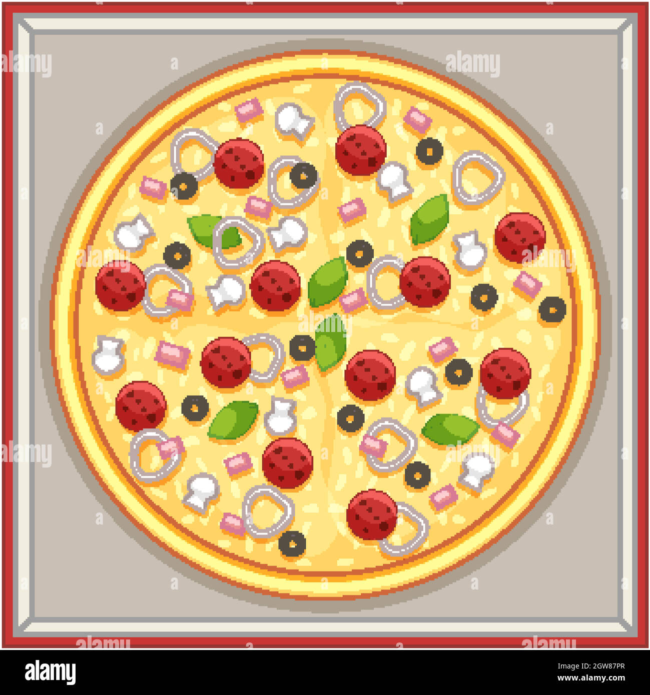 Boîte de pizza avec garnitures de viande et de légumes Illustration de Vecteur