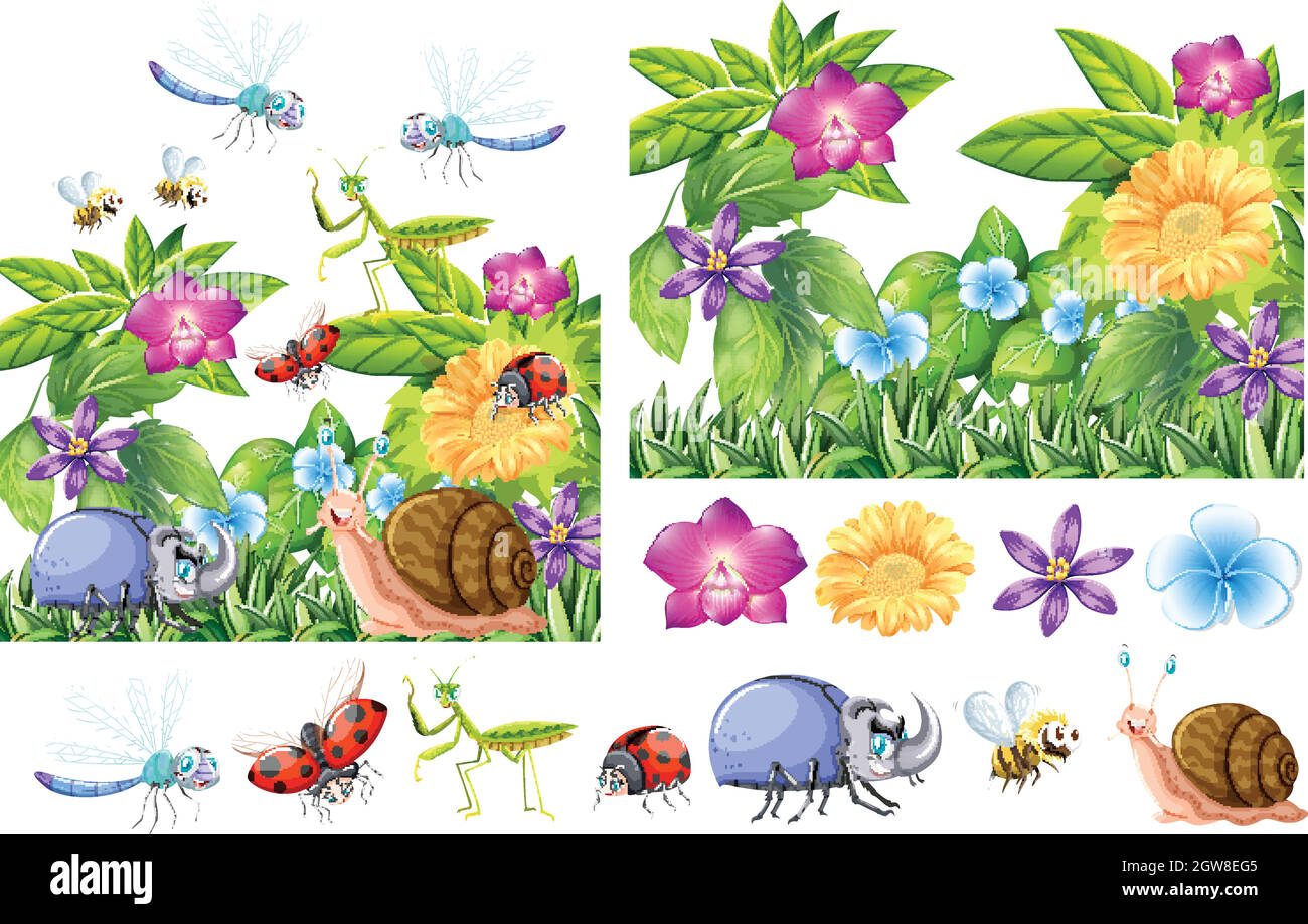 Beaucoup d'insectes dans le jardin de fleurs Illustration de Vecteur