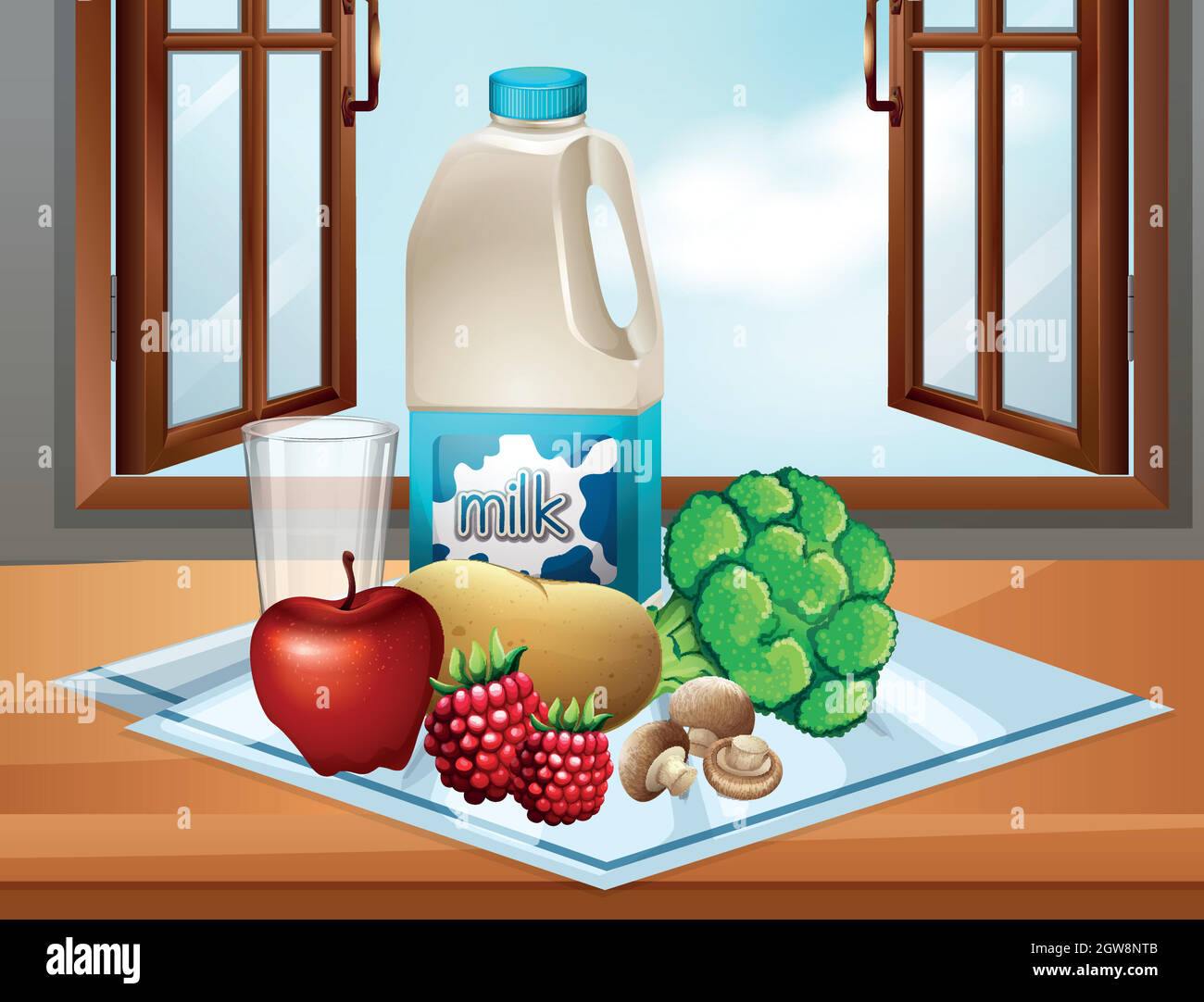 Lait et légumes frais sur table Illustration de Vecteur