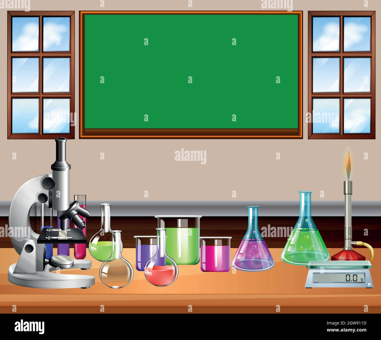 Salle de classe pleine d'équipement scientifique Illustration de Vecteur