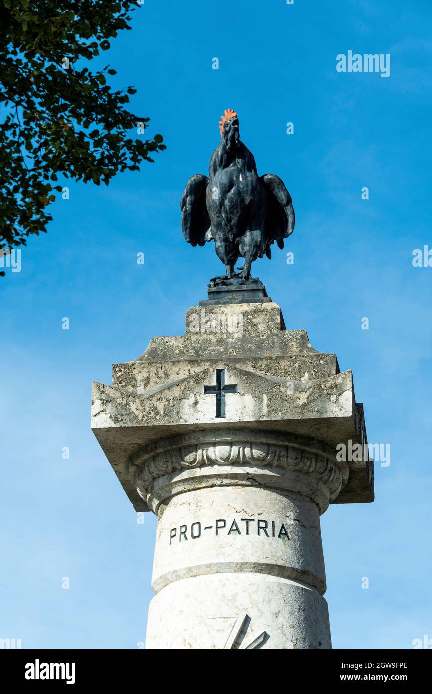 Polignac étiqueté les plus Beaux villages de France, symbole national du coq gaulois sur le monument de guerre, haute-Loire, Auvergne-Rhône-Alpes, France Banque D'Images