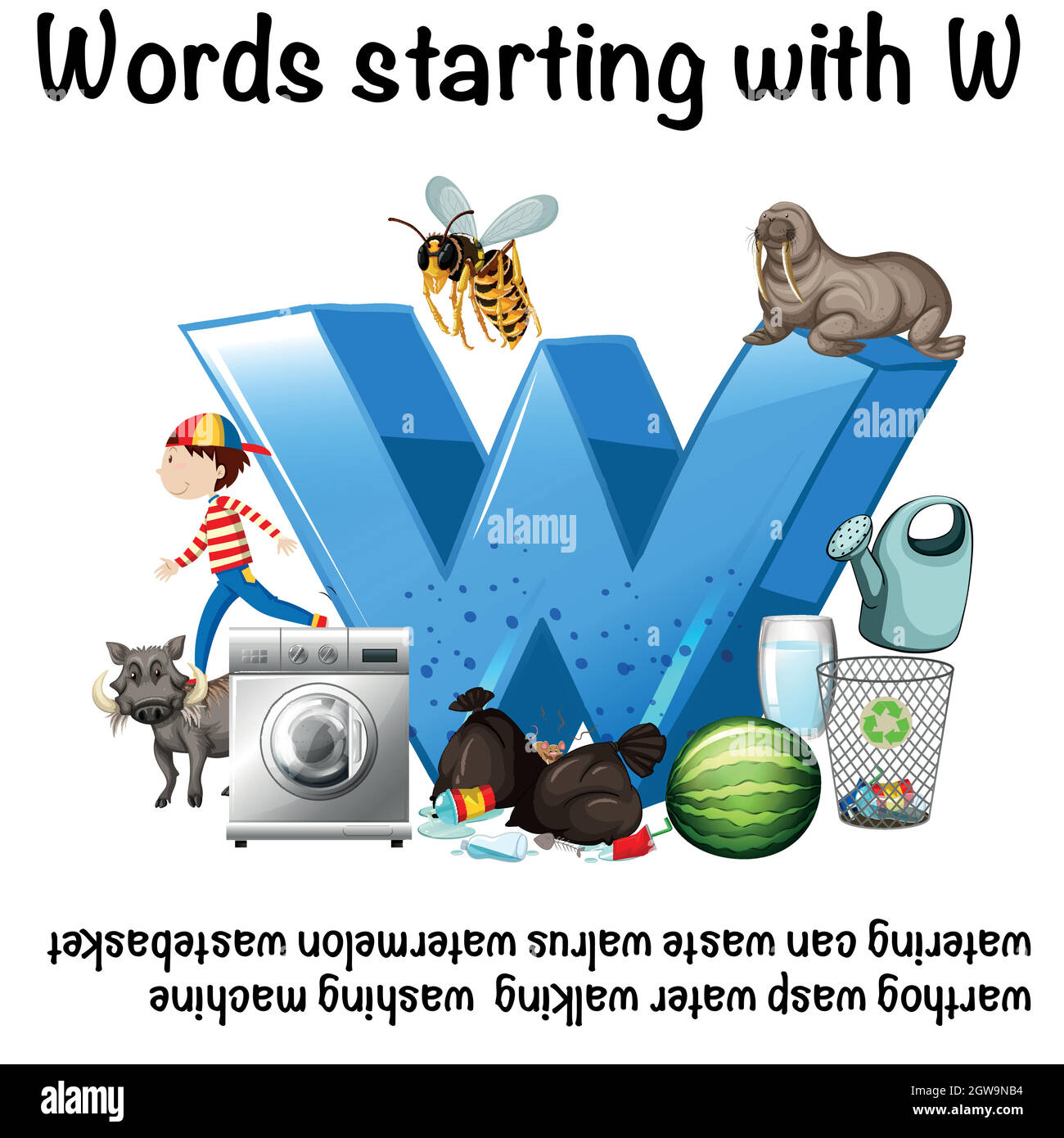 Affiche éducative pour les mots commençant par W Illustration de Vecteur