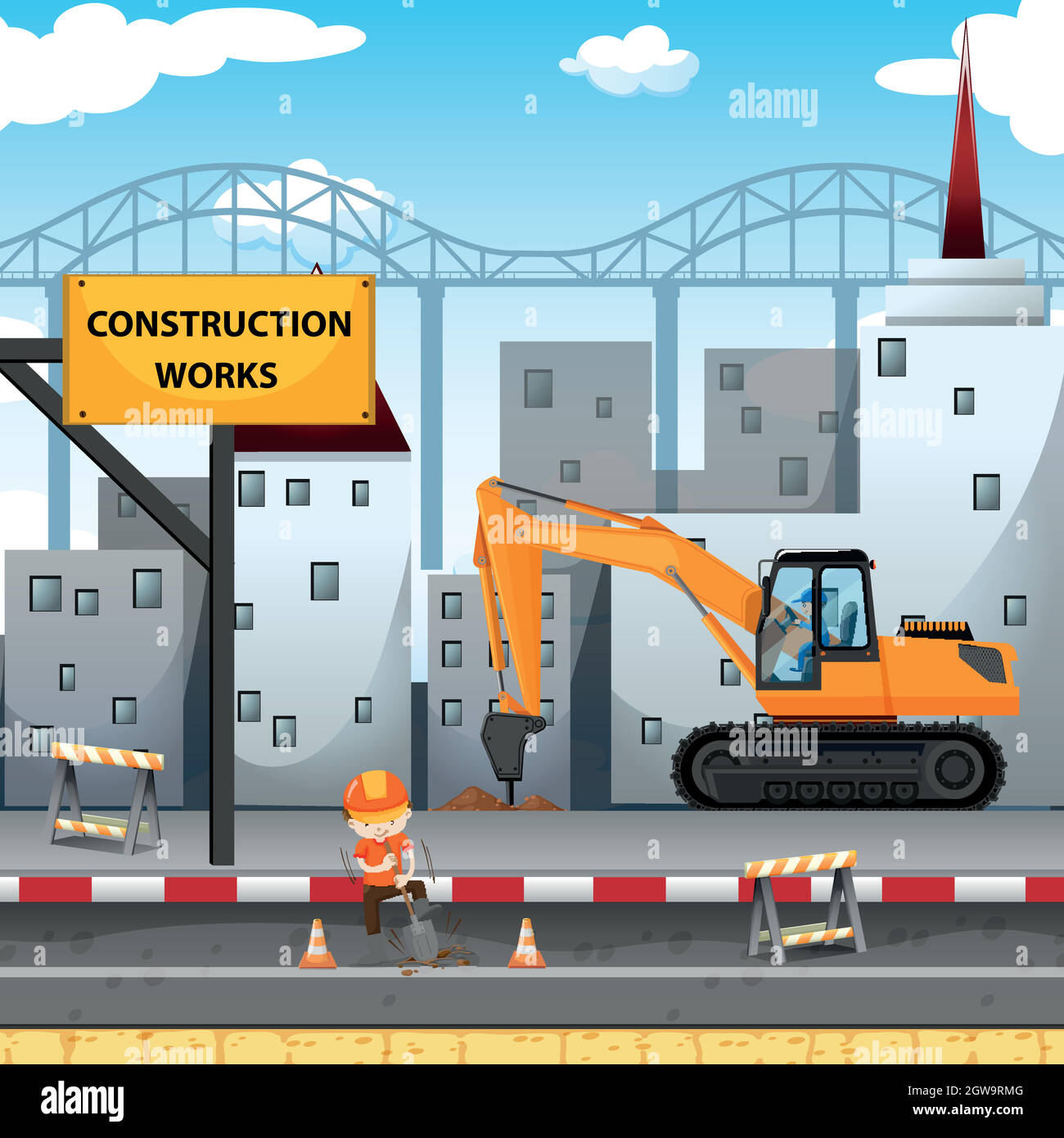 Chantier de construction avec un ouvrier et un camion de forage Illustration de Vecteur