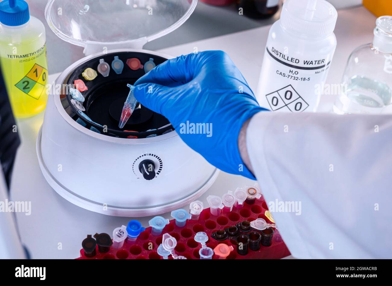 Un policier insère un flacon dans une microcentrifugeuse dans un laboratoire de crime, Banque D'Images
