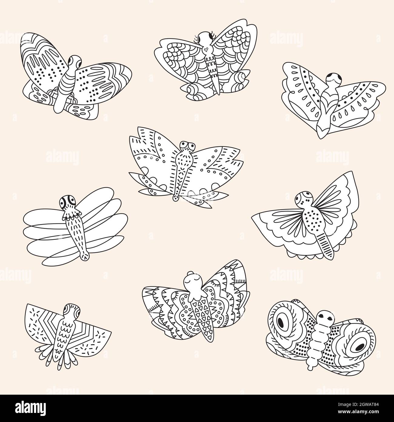 Papillons dessinés à la main. Papillon, insecte, insectes volants, animaux de nuit. Noir et blanc. Illustration de Vecteur