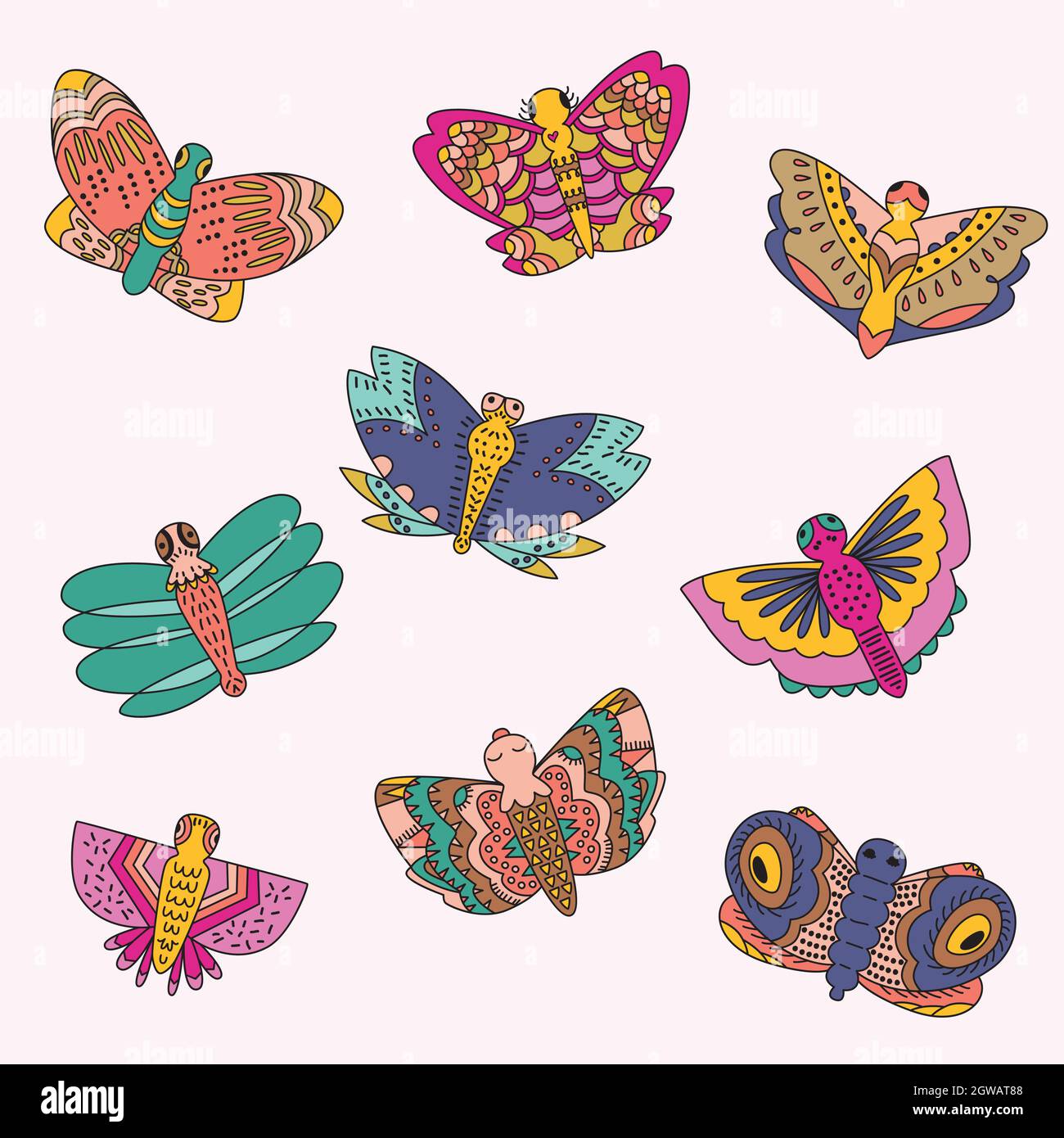 Papillons dessinés à la main. Papillon, insecte, insectes volants, animaux de nuit. Gribouillages colorés. Illustration de Vecteur