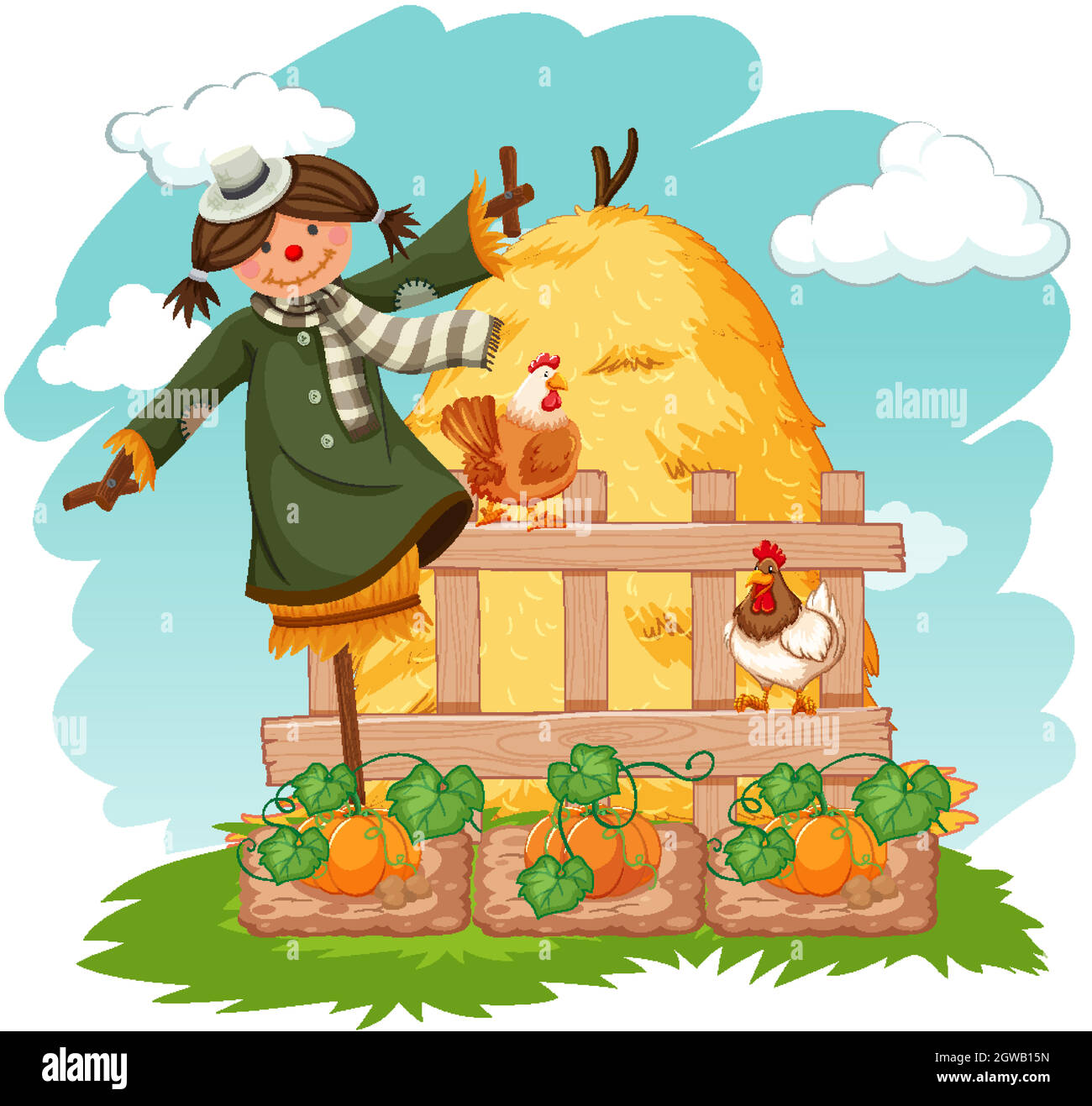 Scène avec fracas et poules dans un potager Illustration de Vecteur