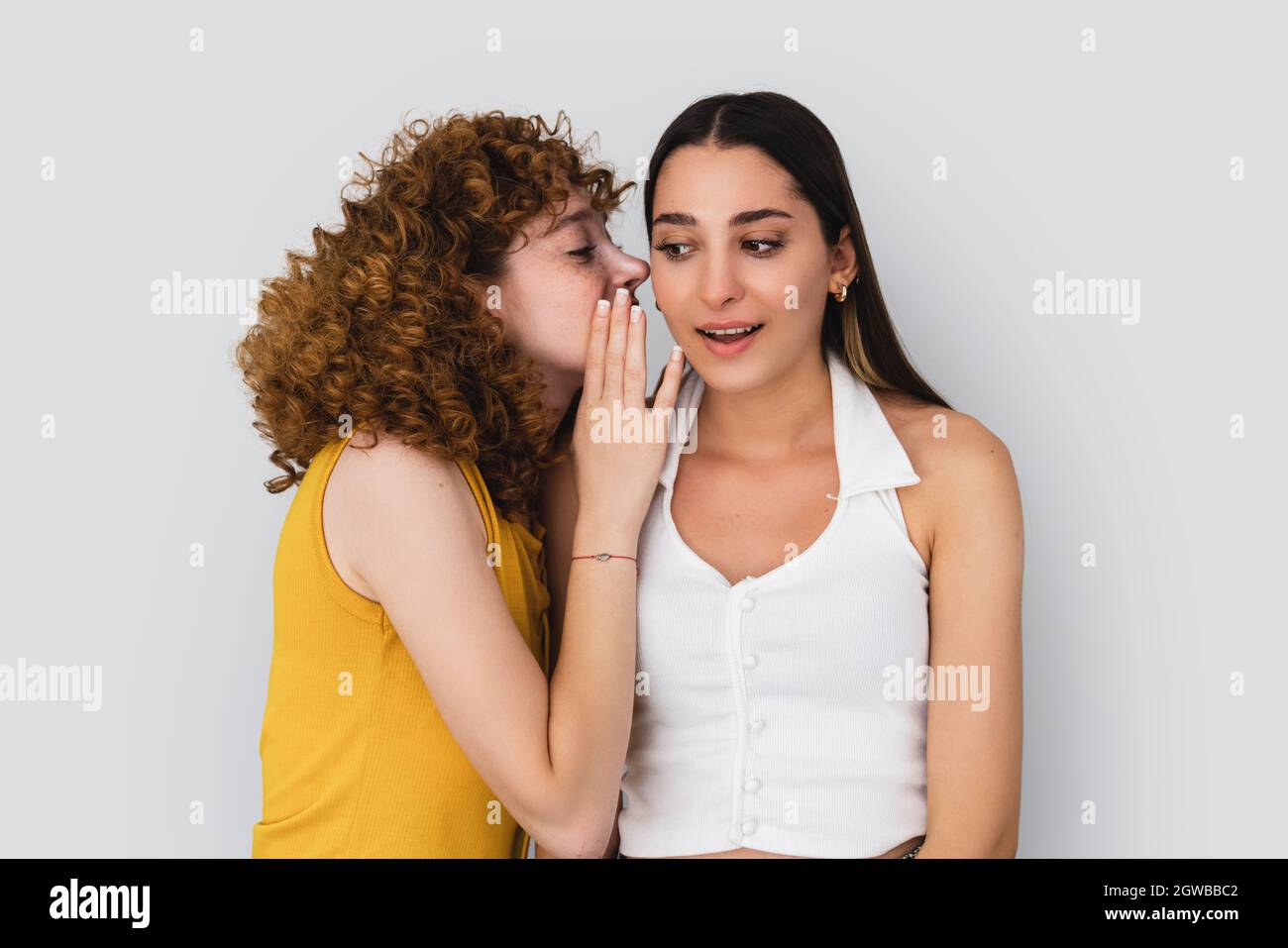 Gros plan sur une photo de deux femmes qui persiflent sur fond blanc. Photo de haute qualité Banque D'Images