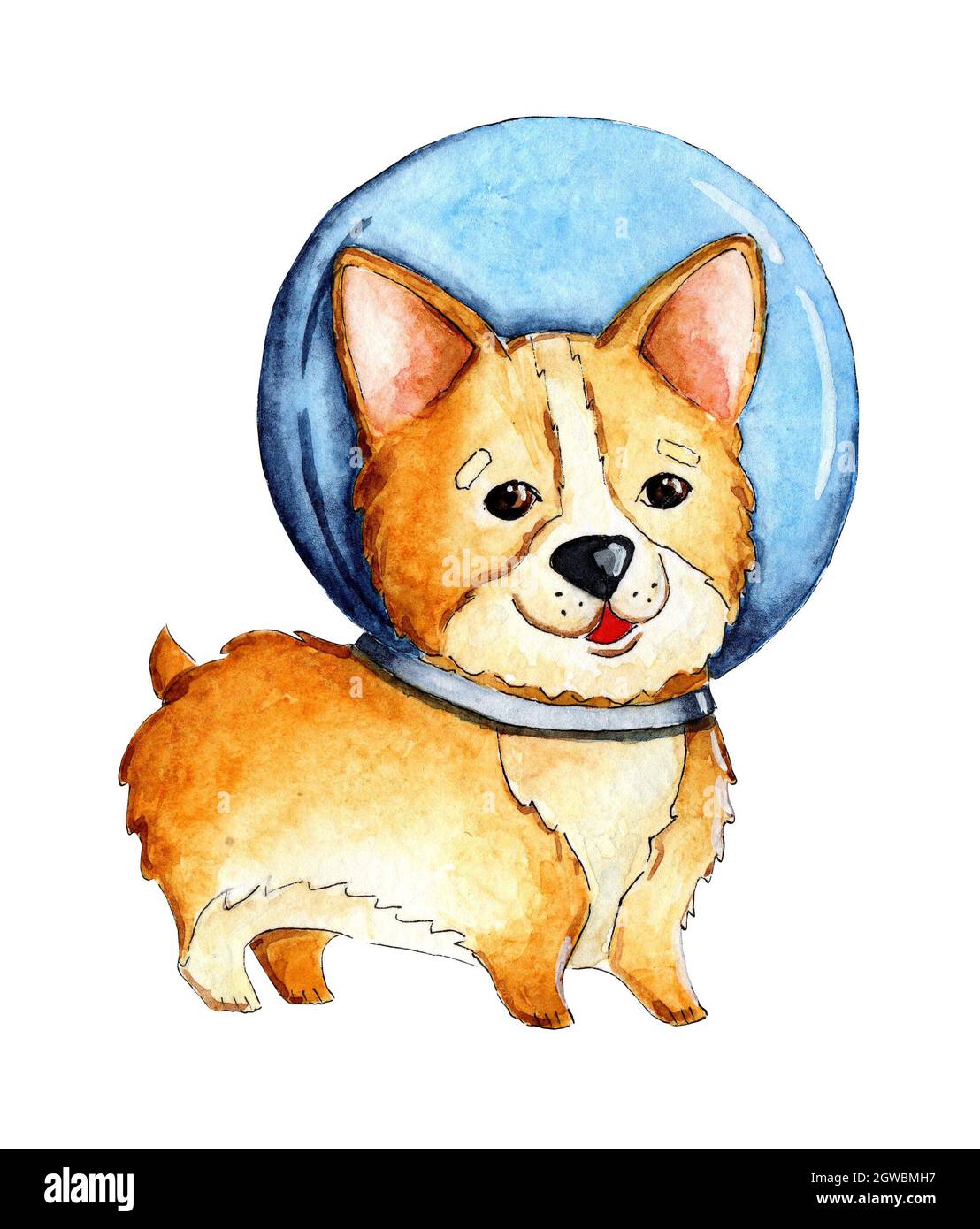Illustration aquarelle d'un mignon petit chiot corgi dans un espace. Astronaute de chien à poil rouge. Image amusante pour les enfants. Isolé sur fond blanc. Banque D'Images