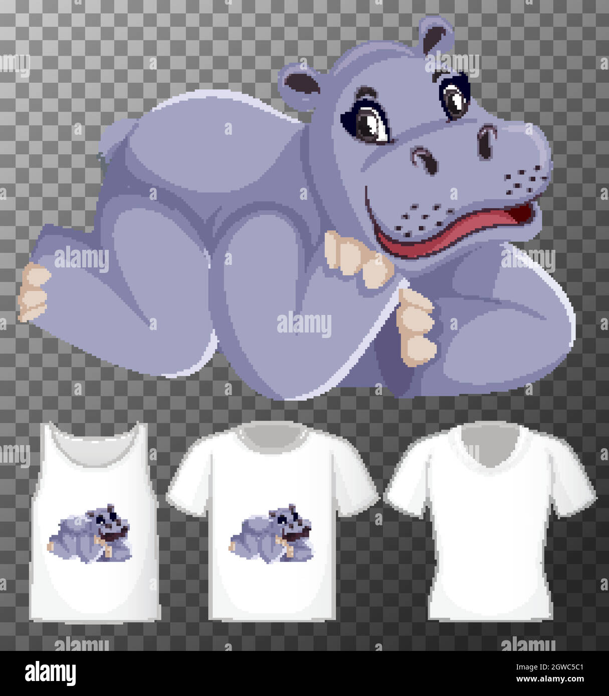 Hippopotame en position de pose personnage de dessin animé avec de nombreux types de chemises sur fond transparent Illustration de Vecteur