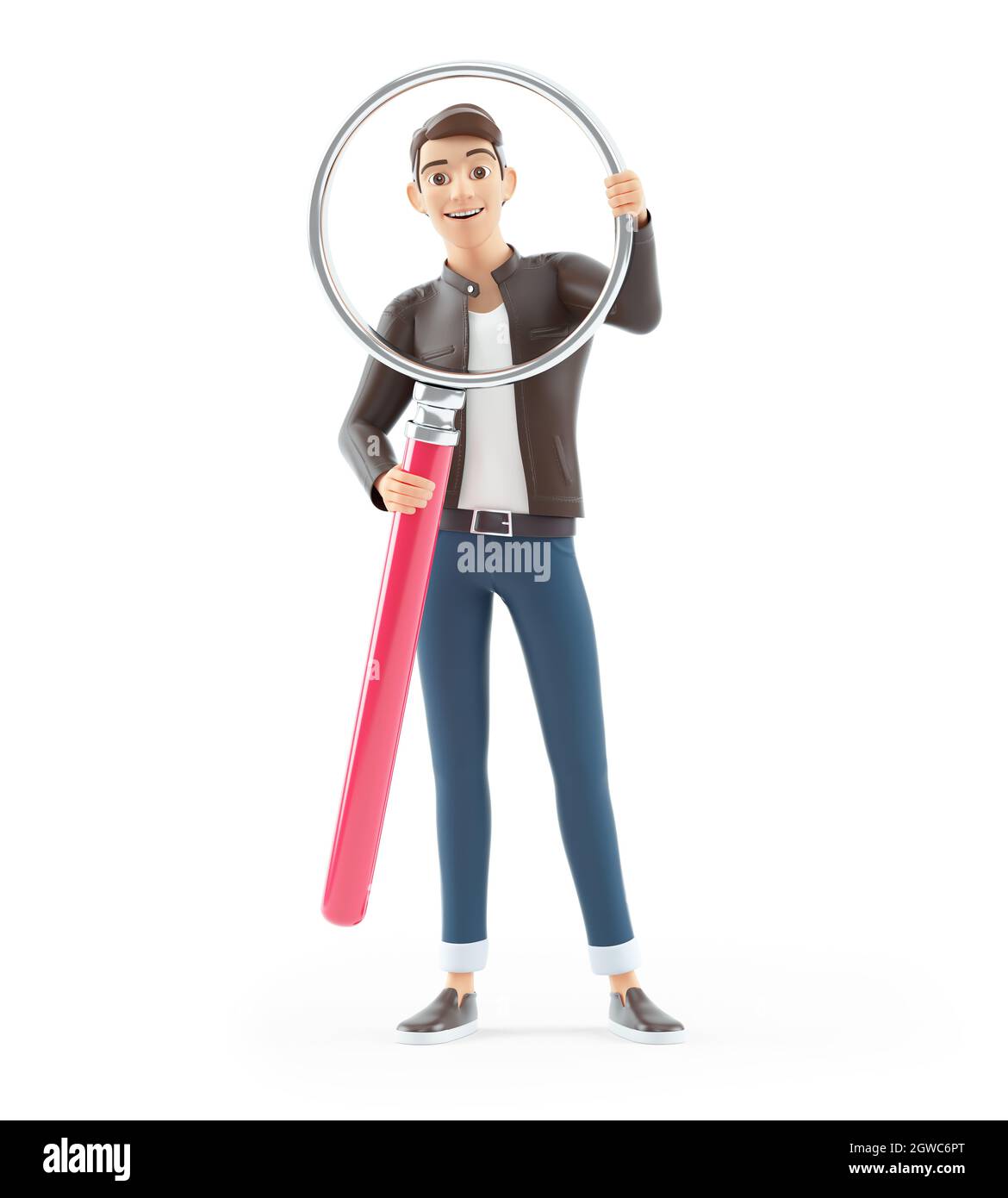 homme de dessin animé 3d tenant une grande loupe, illustration isolée sur fond blanc Banque D'Images