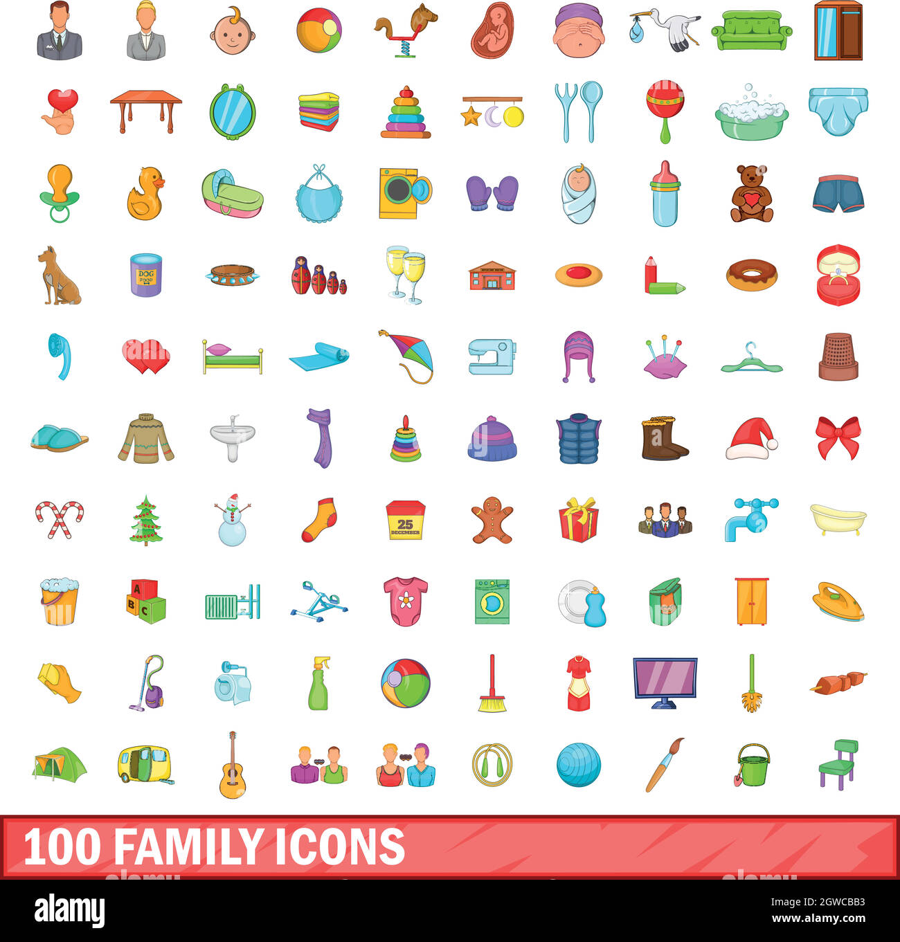 Famille 100 icons set, cartoon style Illustration de Vecteur