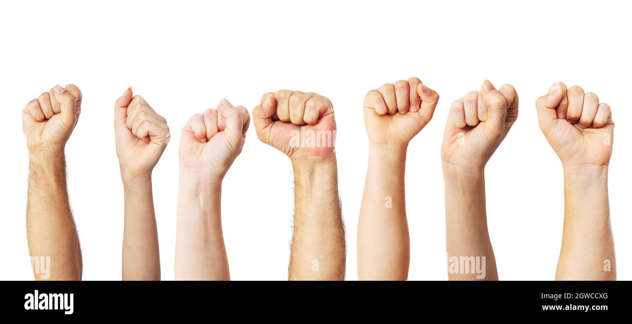 Un groupe de personnes a soulevé des poings comme symbole de victoire, de fierté, de succès ou de force . Photo de haute qualité Banque D'Images