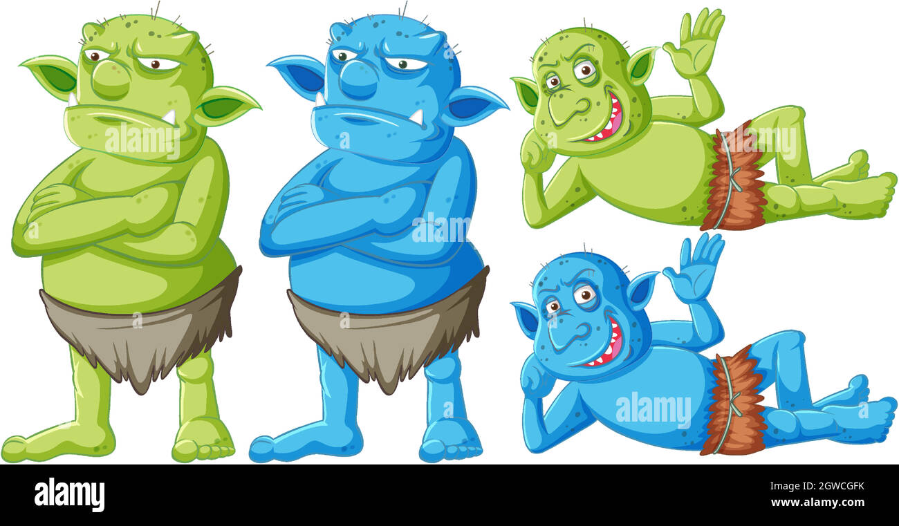 Ensemble de goblin vert et bleu ou troll debout et couché avec différents visages dans le personnage de dessin animé isolé Illustration de Vecteur