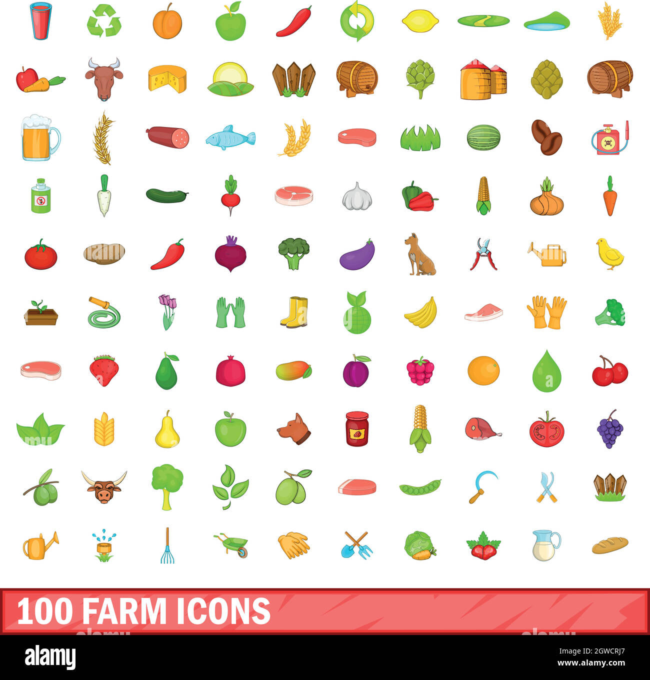 100 icons set ferme, style cartoon Illustration de Vecteur