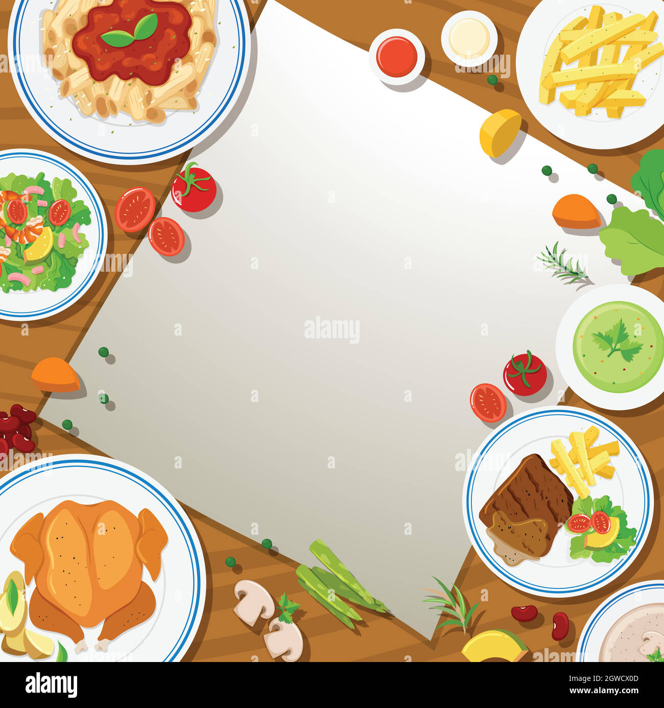 Modèle de bordure avec différents aliments dans les assiettes Illustration de Vecteur