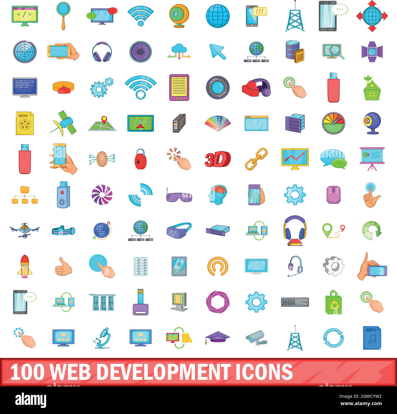 100 développement web icons set, cartoon style Illustration de Vecteur